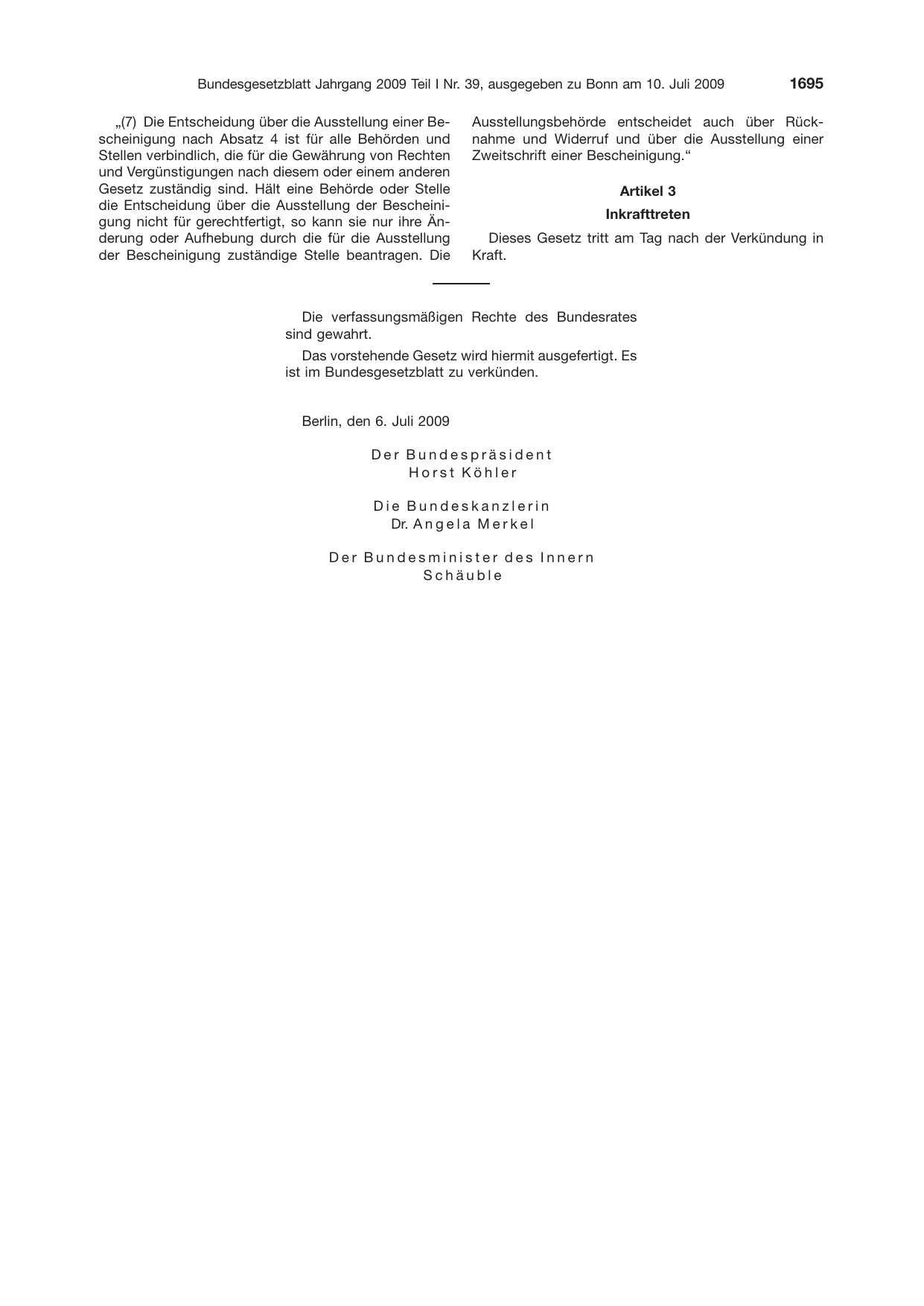 BGBl. 2009, Seite 1695 — Originalseite als Abbildung