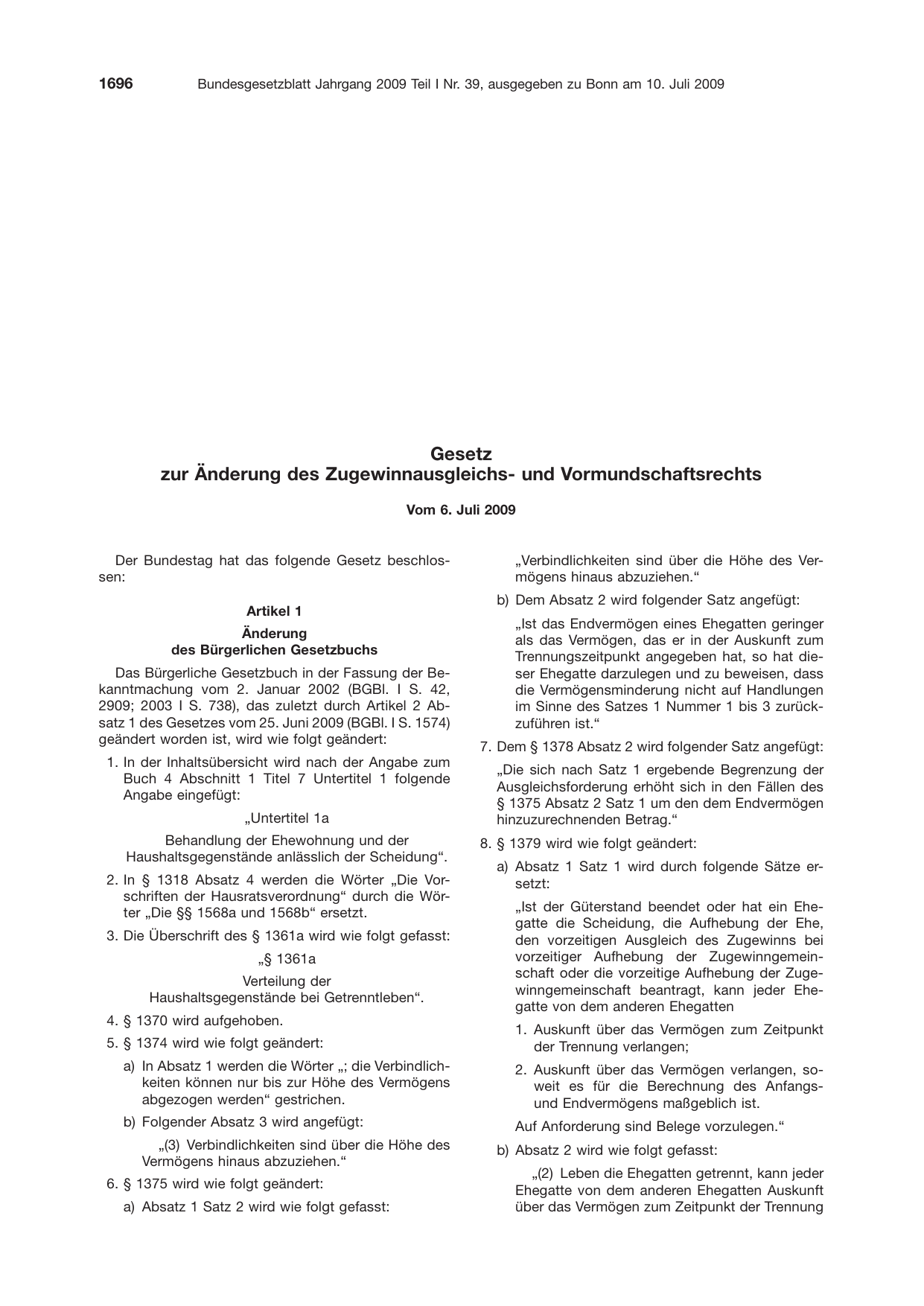 BGBl. 2009, Seite 1696 — Originalseite als Abbildung
