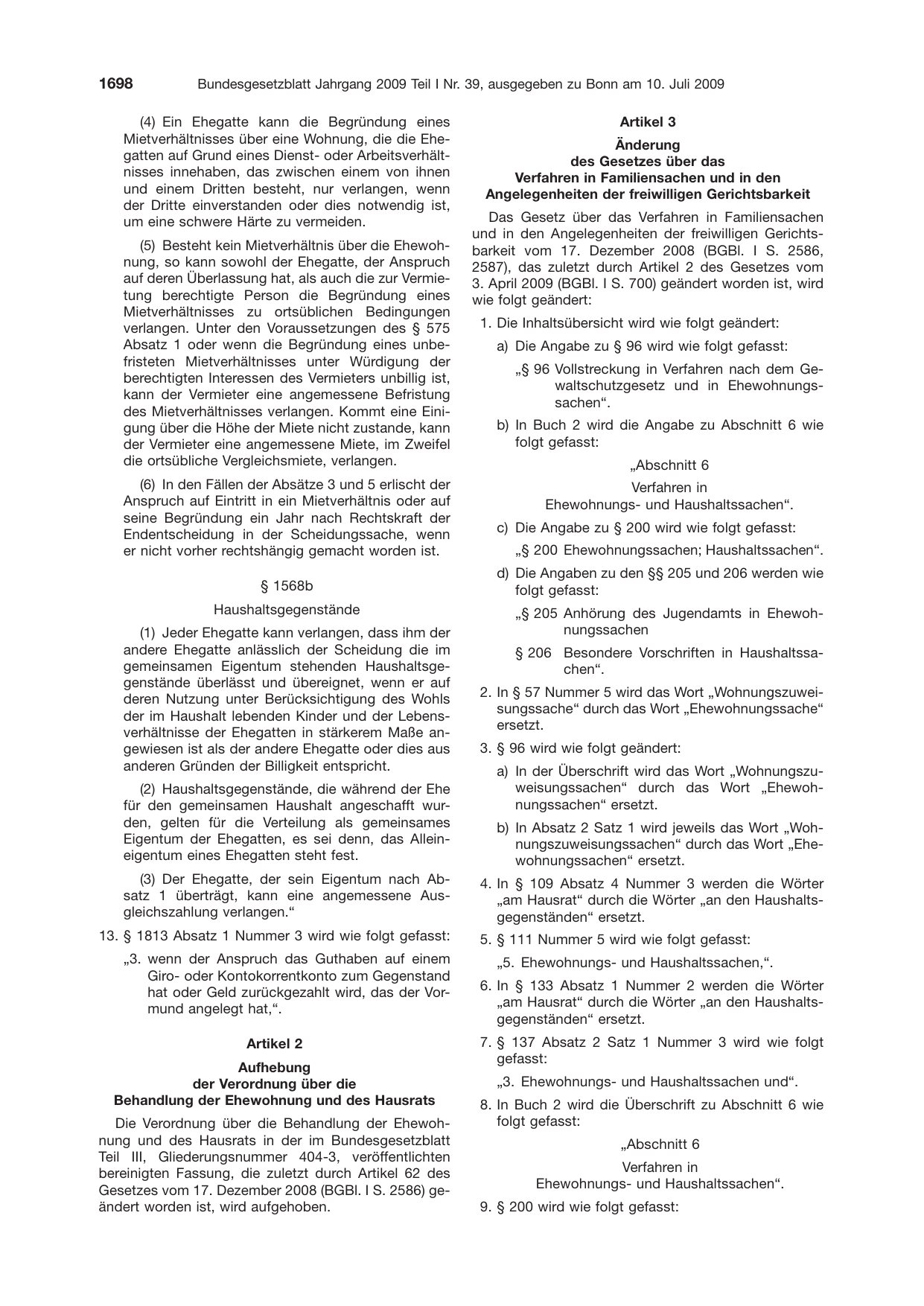 BGBl. 2009, Seite 1698 — Originalseite als Abbildung