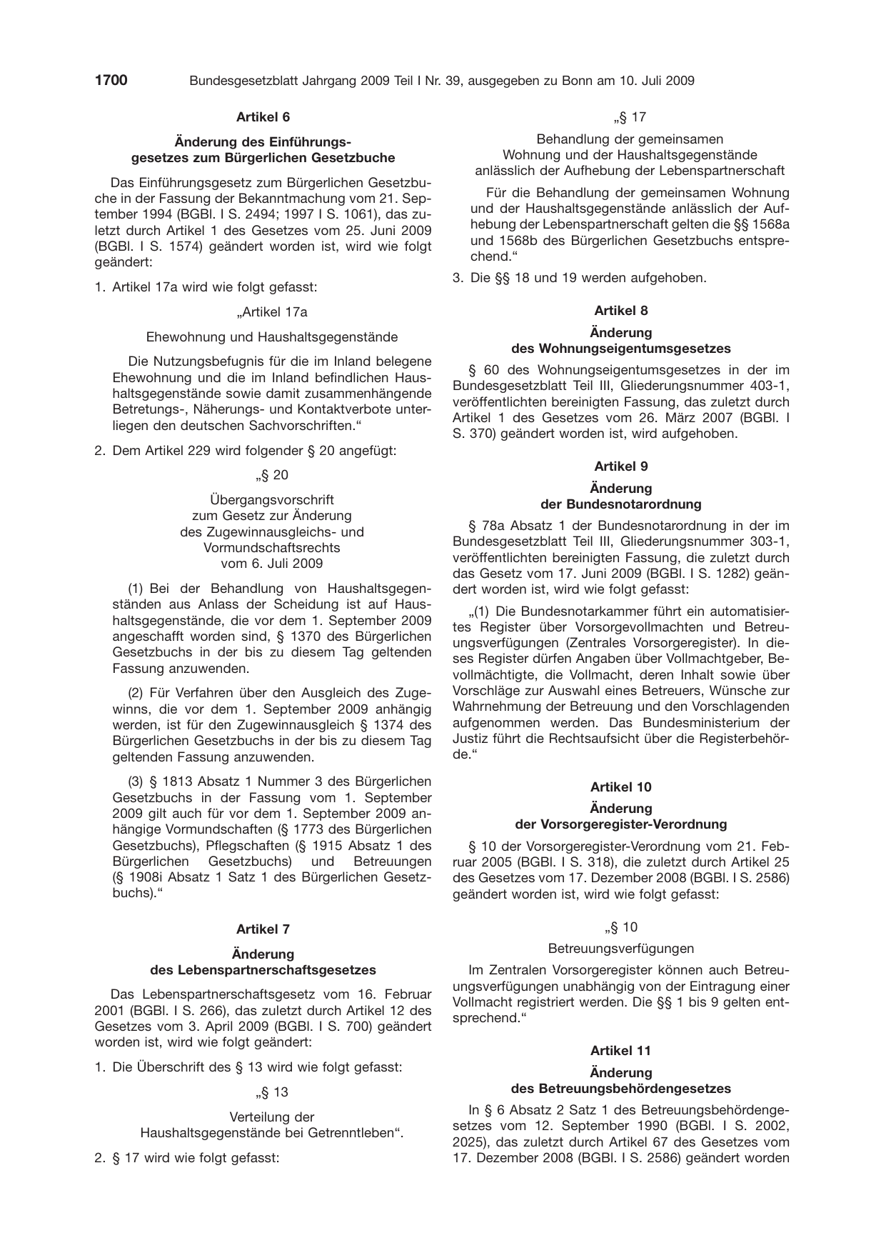 BGBl. 2009, Seite 1700 — Originalseite als Abbildung