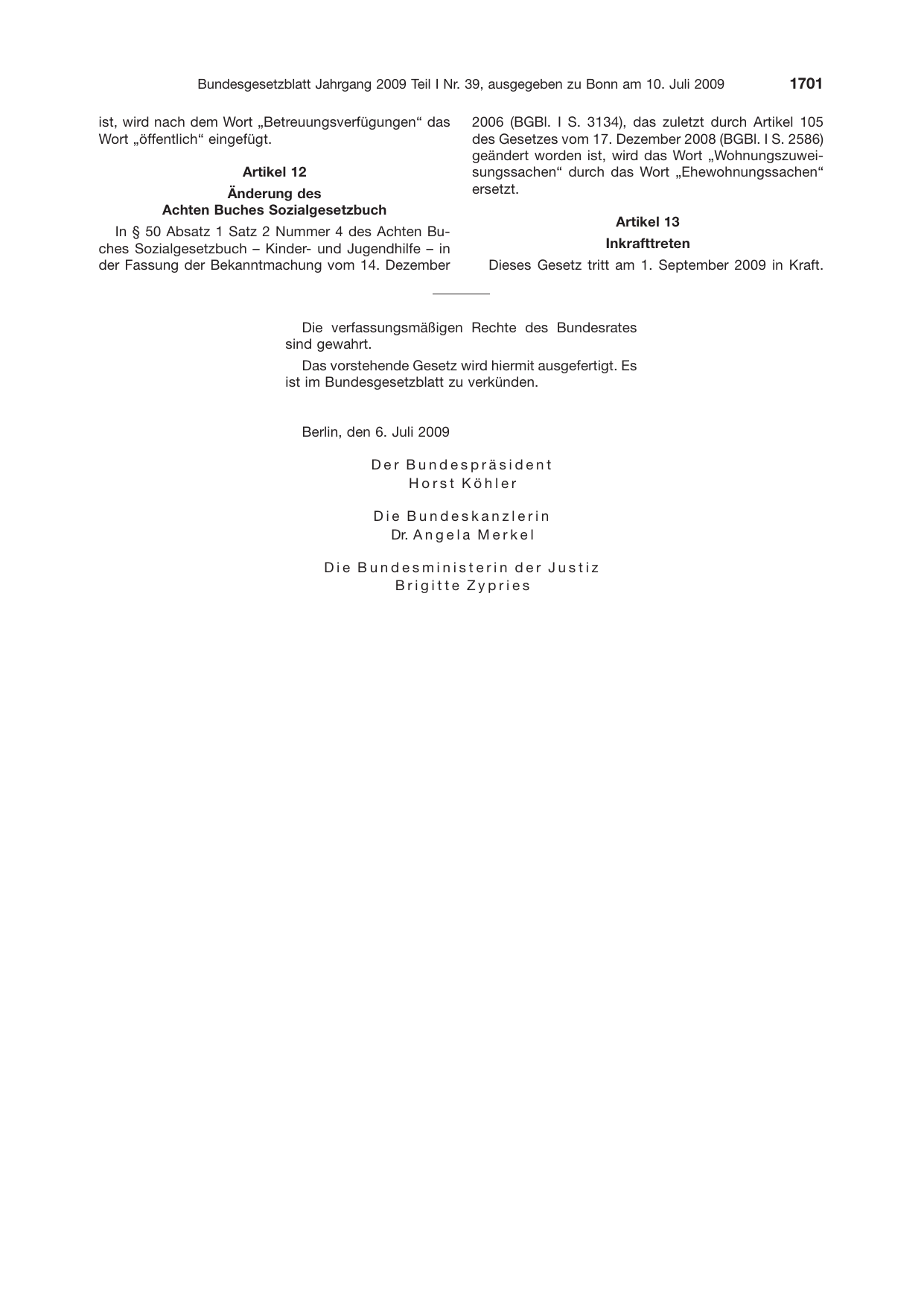 BGBl. 2009, Seite 1701 — Originalseite als Abbildung