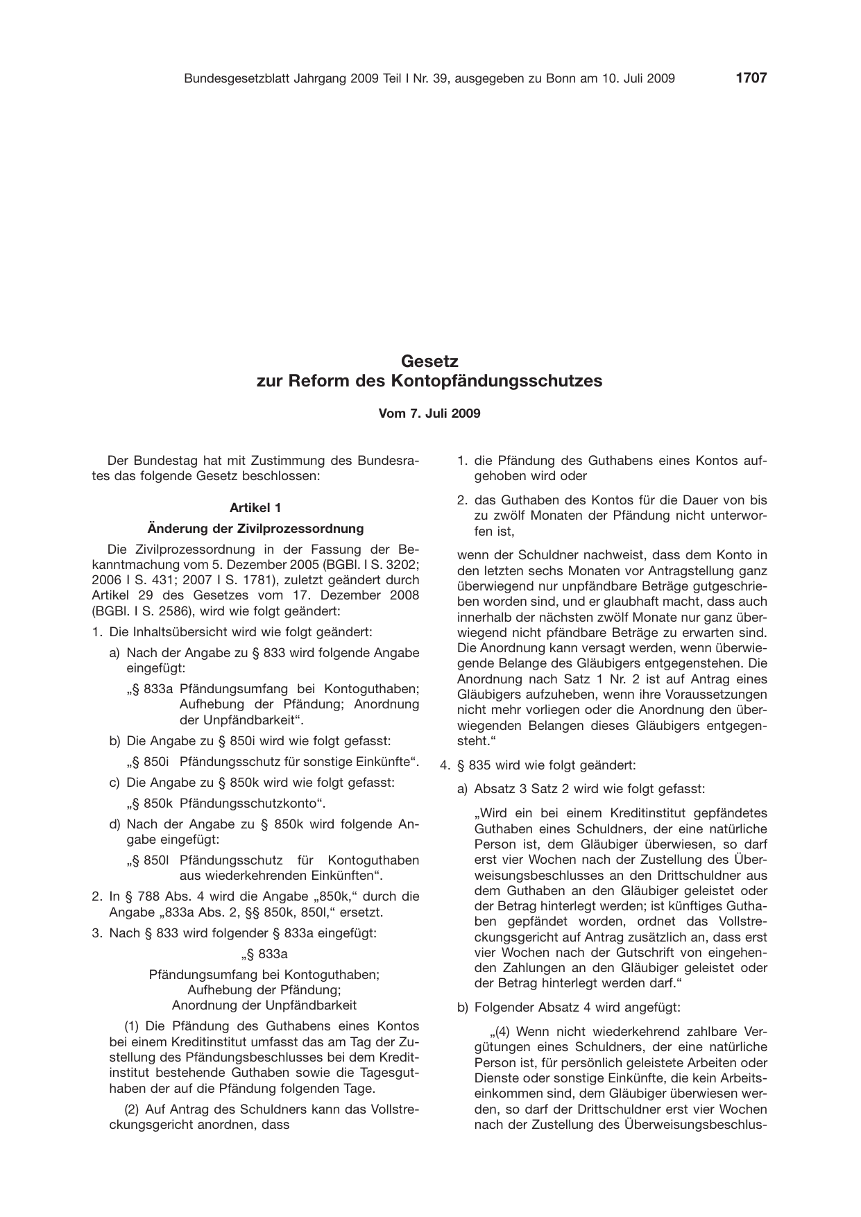 BGBl. 2009, Seite 1707 — Originalseite als Abbildung