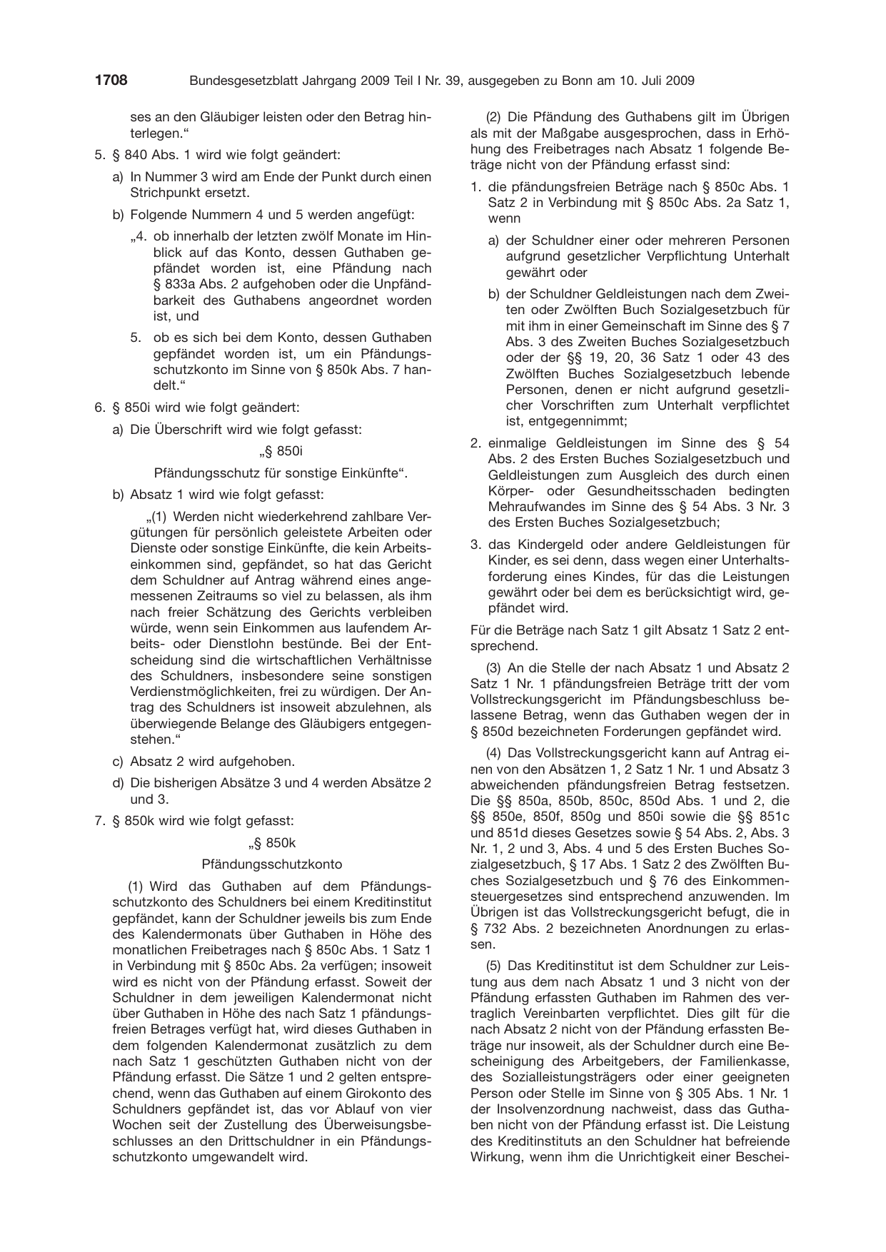 BGBl. 2009, Seite 1708 — Originalseite als Abbildung