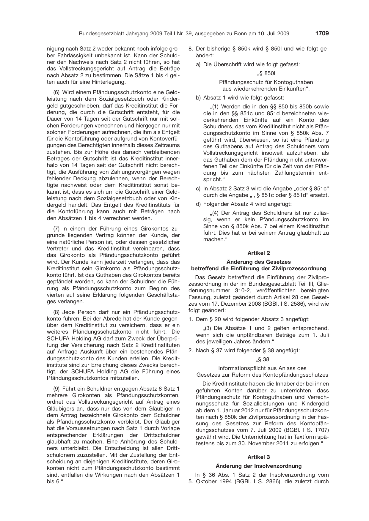 BGBl. 2009, Seite 1709 — Originalseite als Abbildung