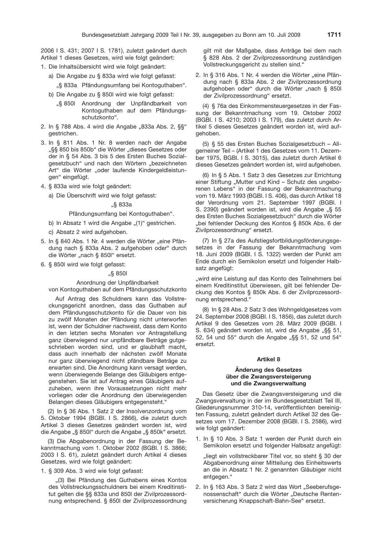 BGBl. 2009, Seite 1711 — Originalseite als Abbildung