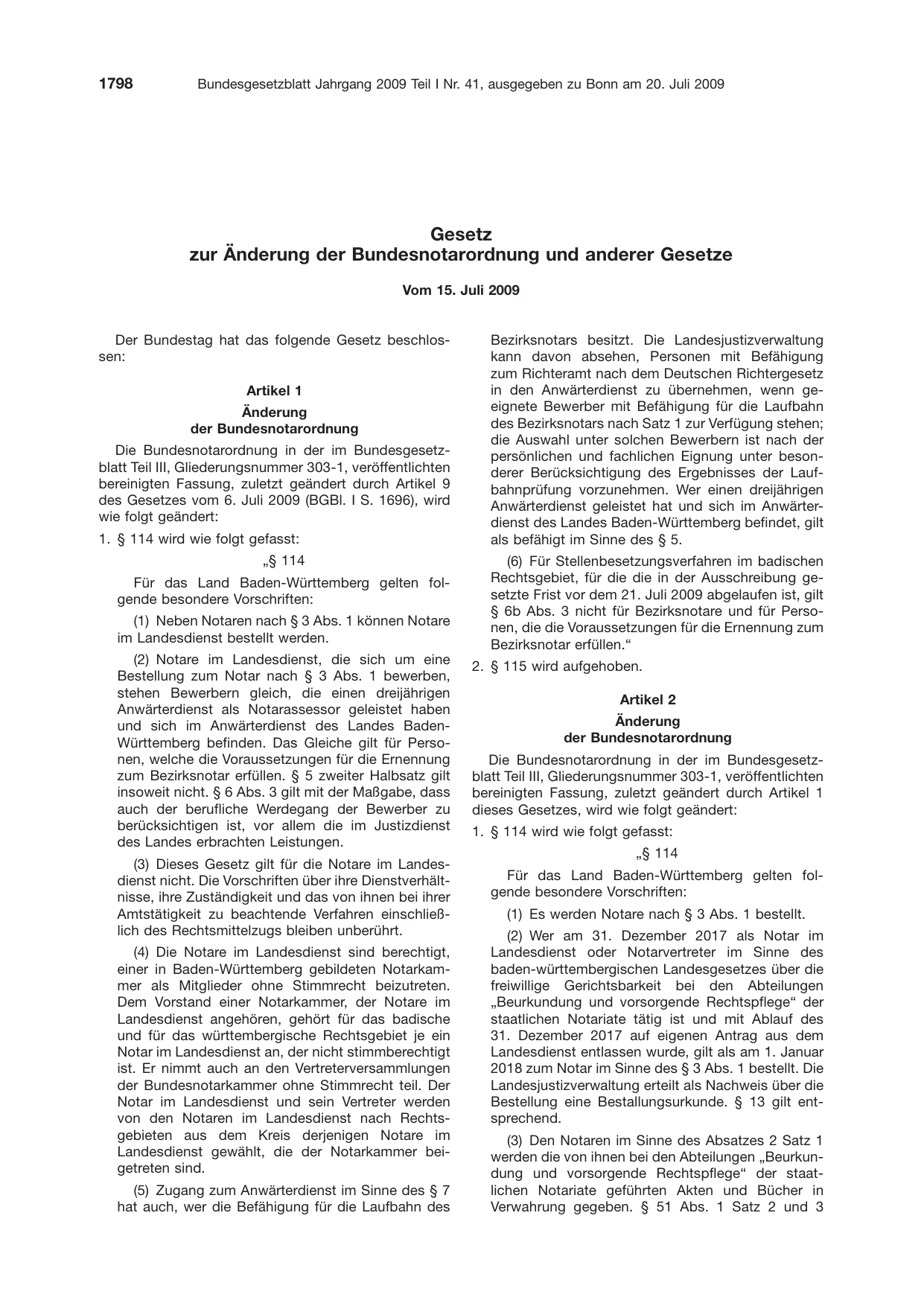 BGBl. 2009, Seite 1798 — Originalseite als Abbildung