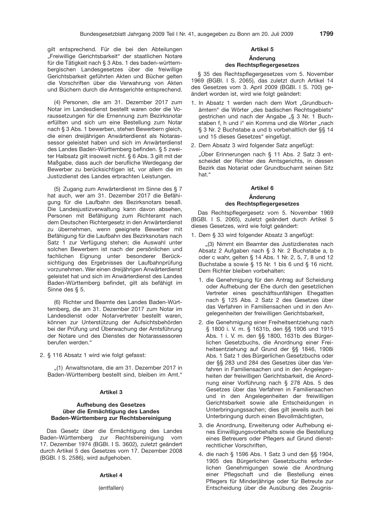 BGBl. 2009, Seite 1799 — Originalseite als Abbildung