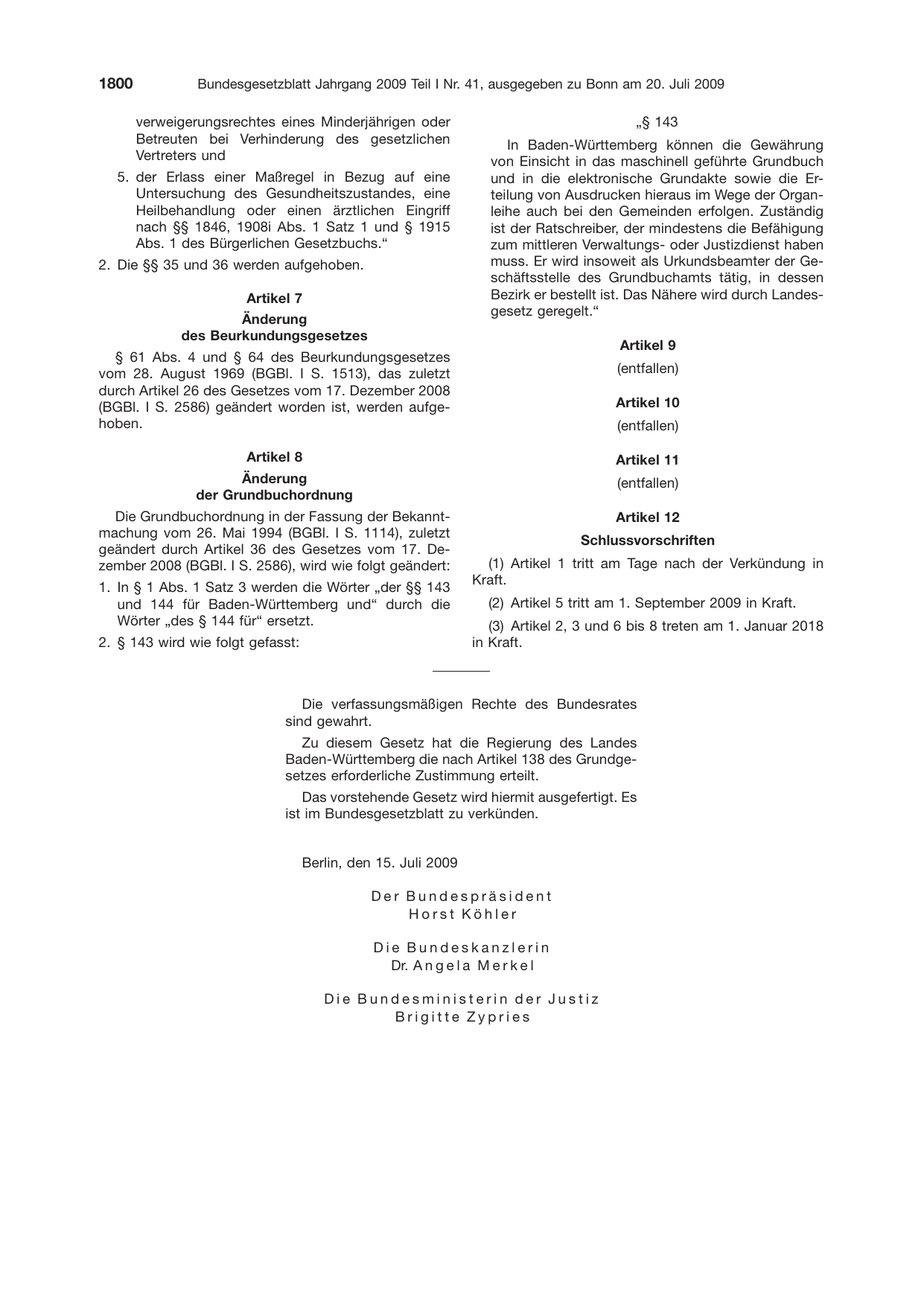 BGBl. 2009, Seite 1800 — Originalseite als Abbildung