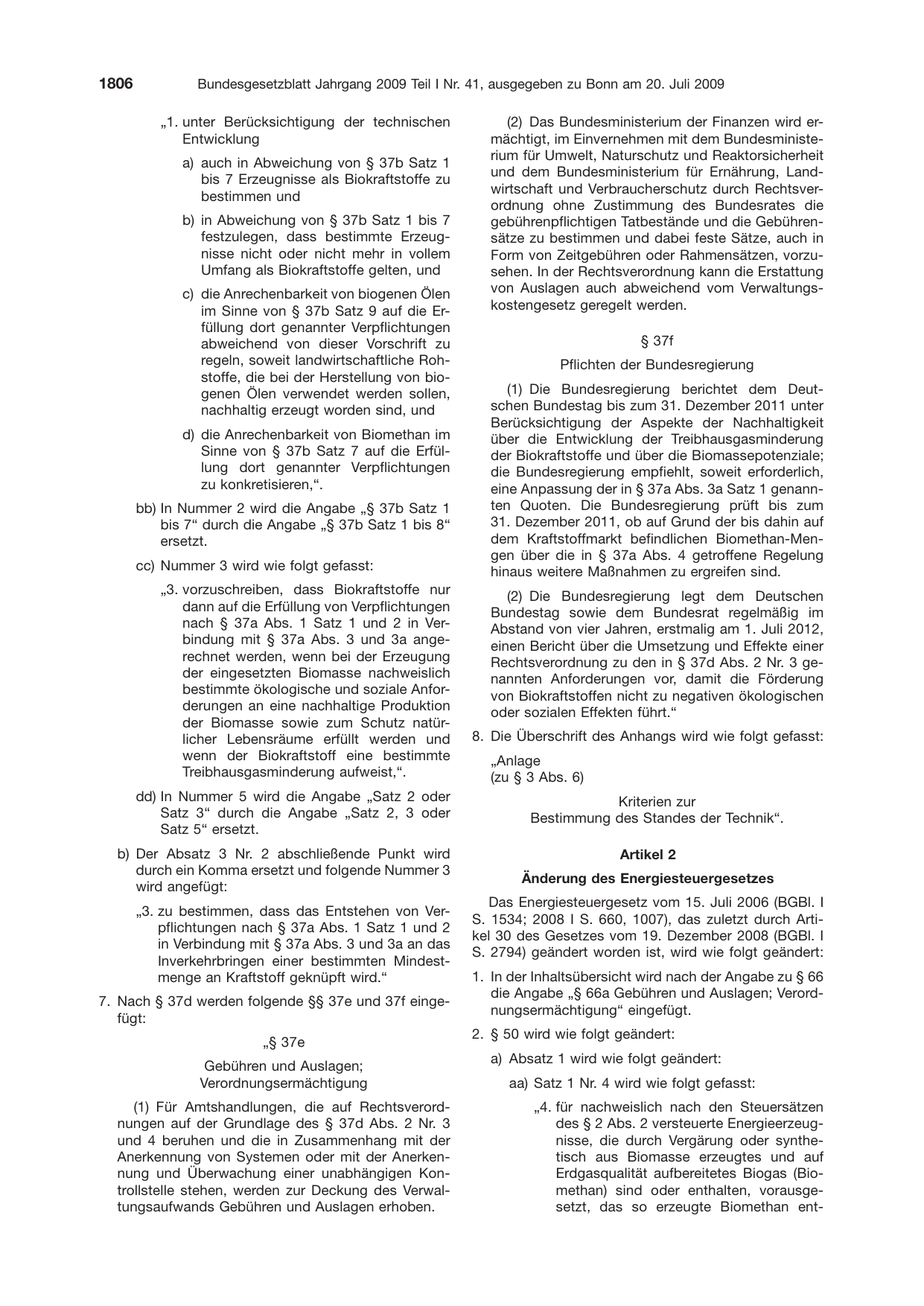 BGBl. 2009, Seite 1806 — Originalseite als Abbildung
