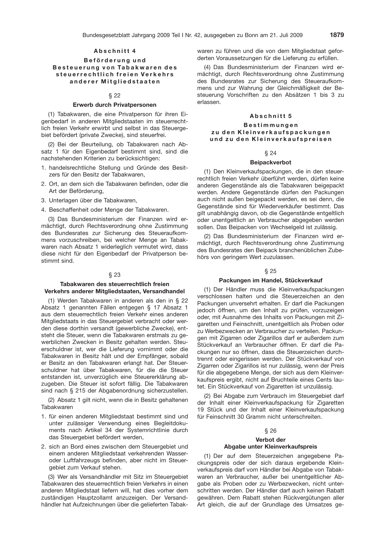 BGBl. 2009, Seite 1879 — Originalseite als Abbildung