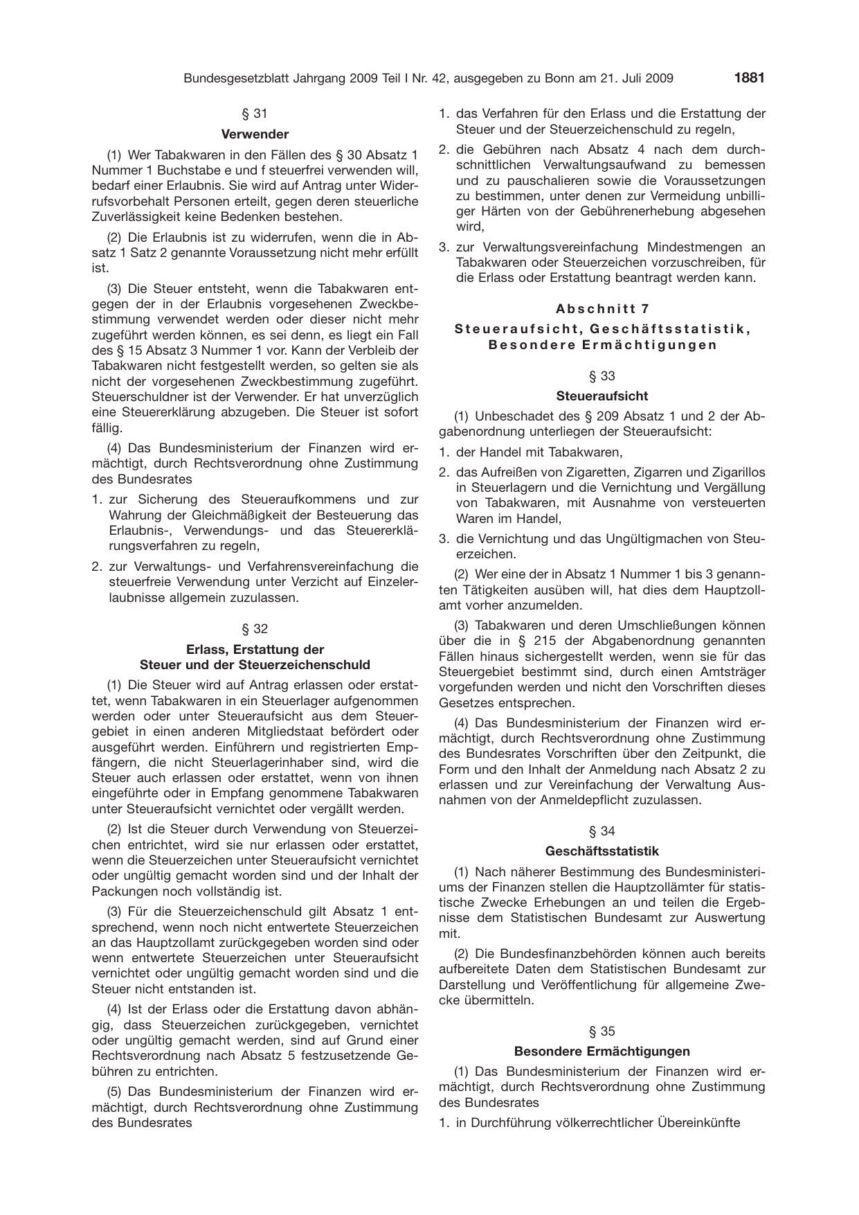 BGBl. 2009, Seite 1881 — Originalseite als Abbildung