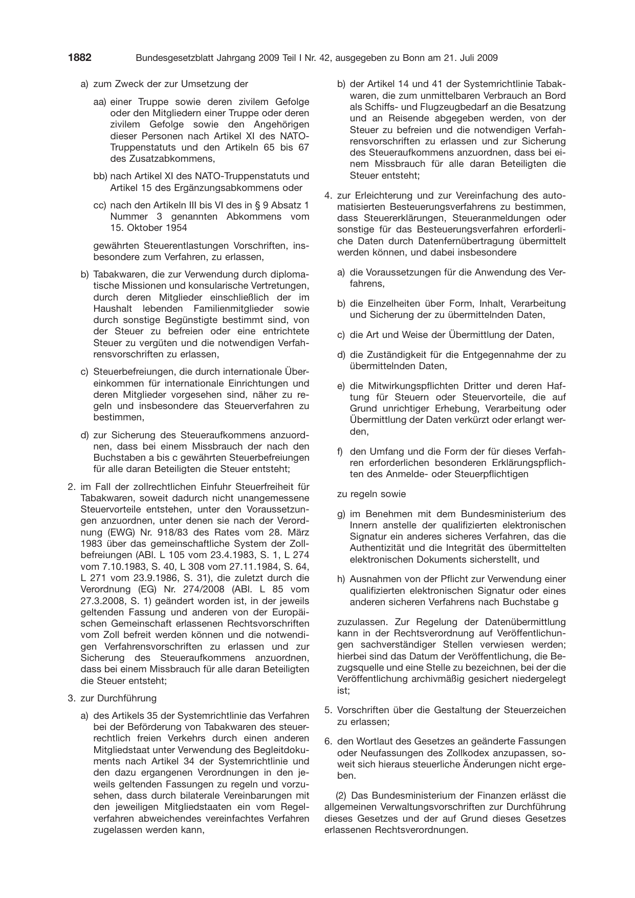 BGBl. 2009, Seite 1882 — Originalseite als Abbildung