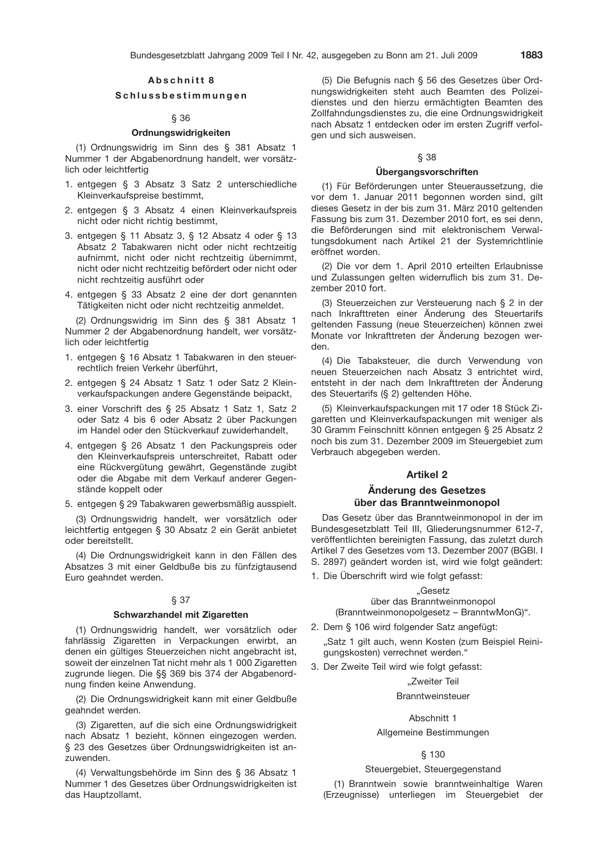 BGBl. 2009, Seite 1883 — Originalseite als Abbildung