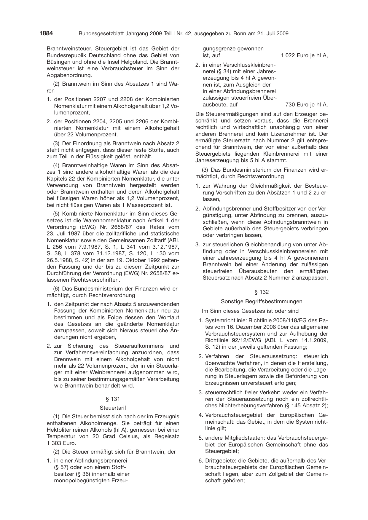 BGBl. 2009, Seite 1884 — Originalseite als Abbildung