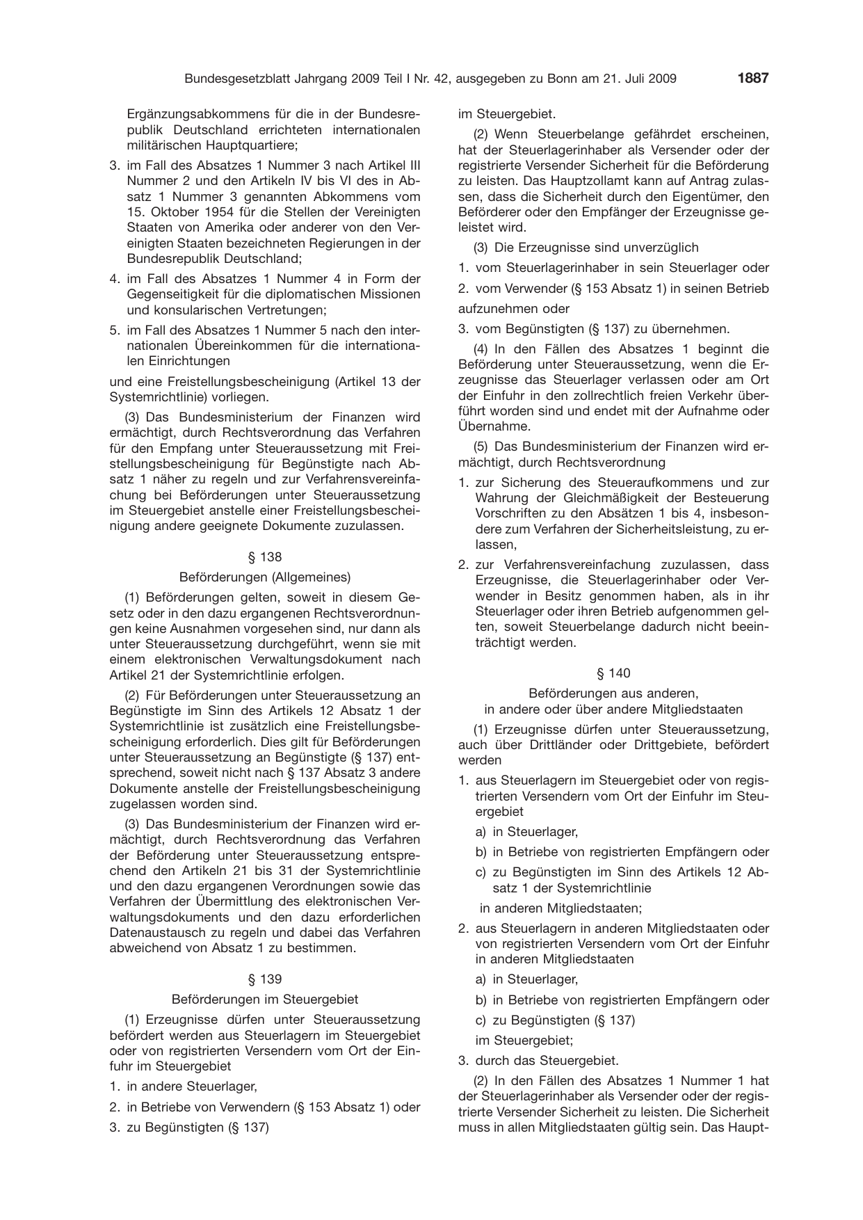 BGBl. 2009, Seite 1887 — Originalseite als Abbildung