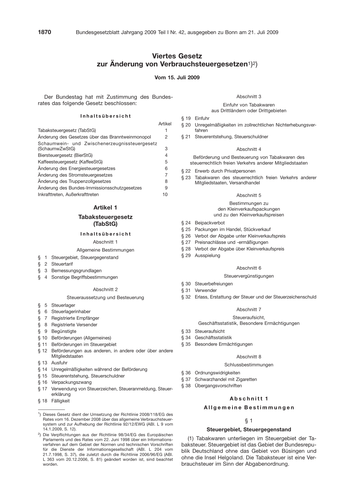 BGBl. 2009, Seite 1870 — Originalseite als Abbildung