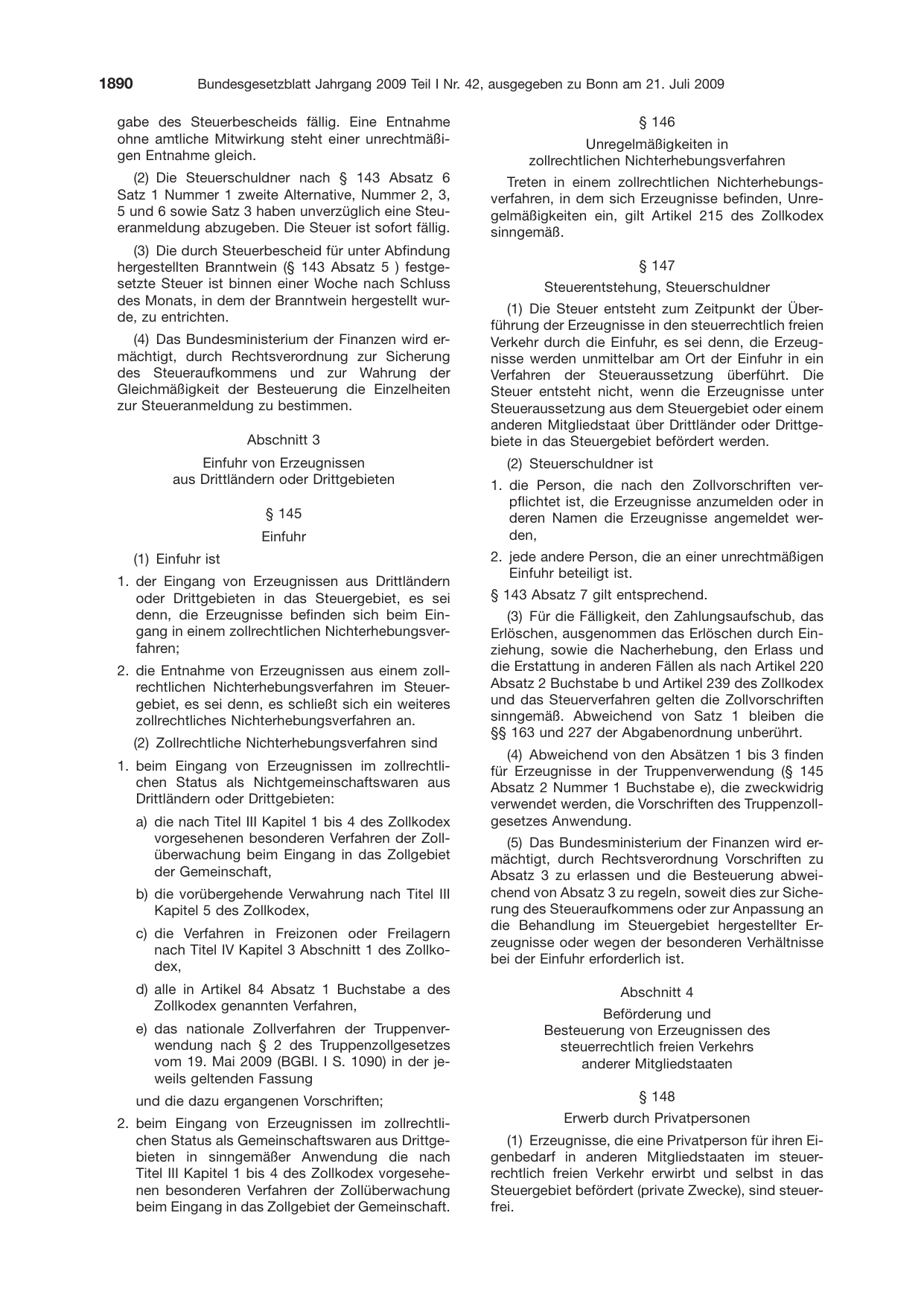 BGBl. 2009, Seite 1890 — Originalseite als Abbildung