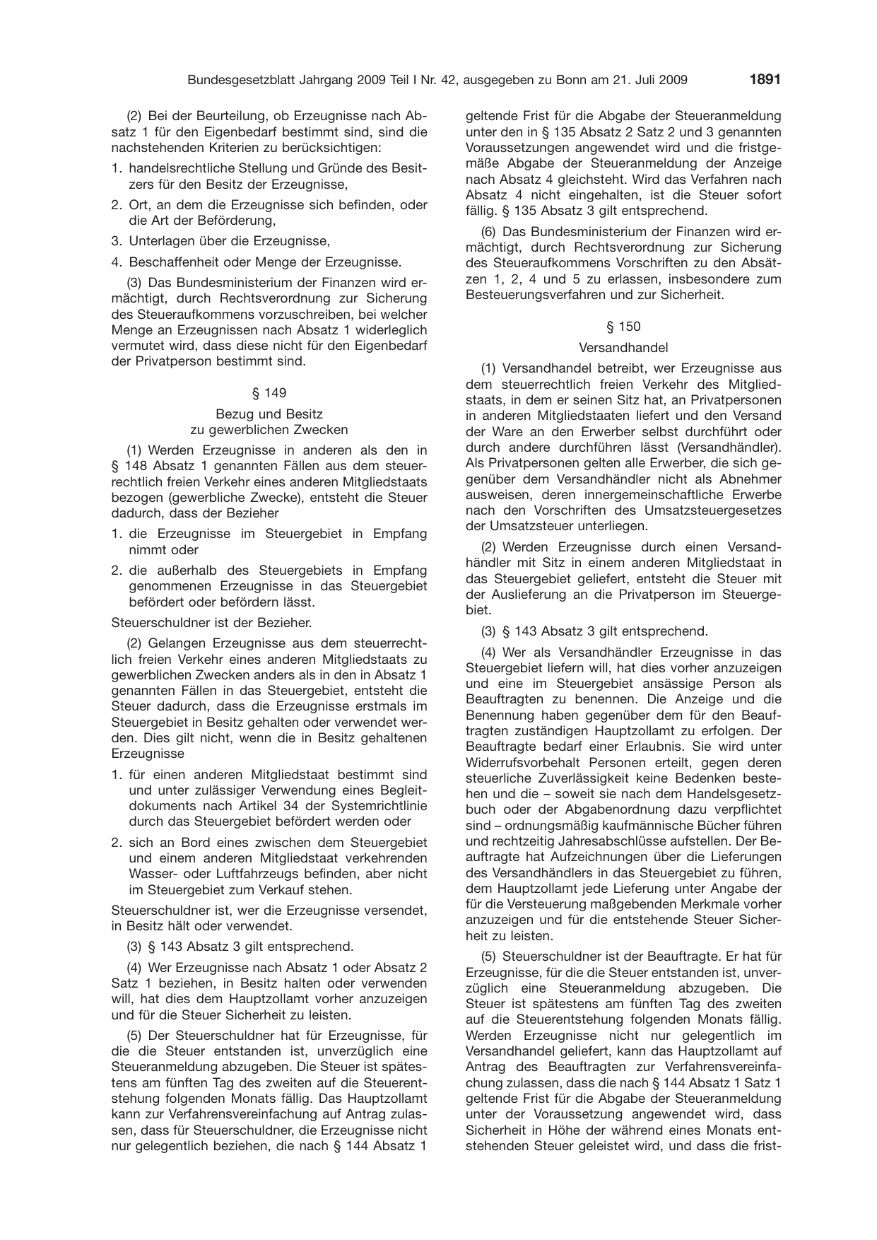 BGBl. 2009, Seite 1891 — Originalseite als Abbildung