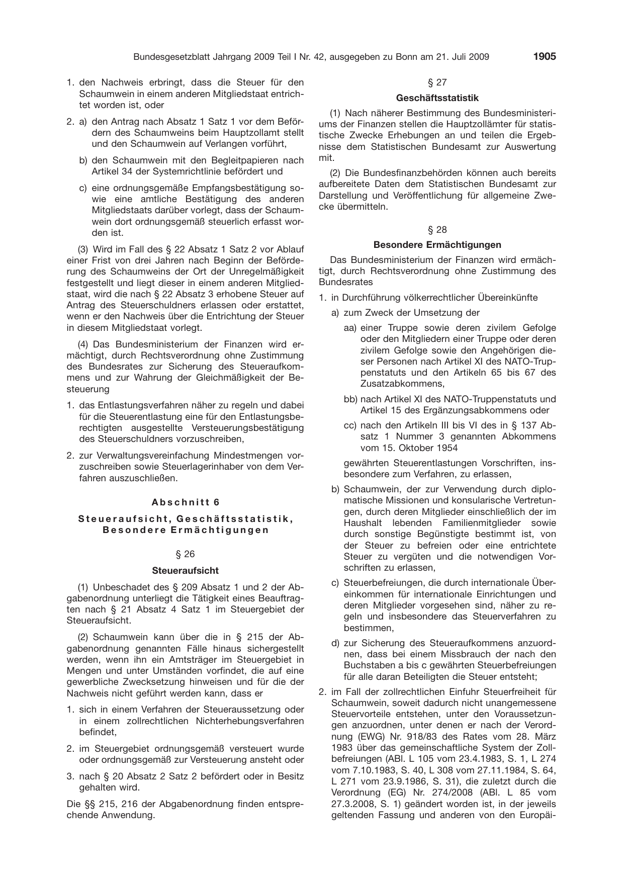 BGBl. 2009, Seite 1905 — Originalseite als Abbildung