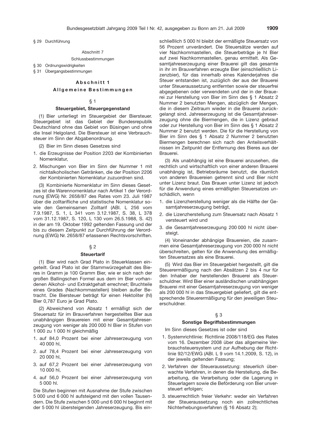 BGBl. 2009, Seite 1909 — Originalseite als Abbildung