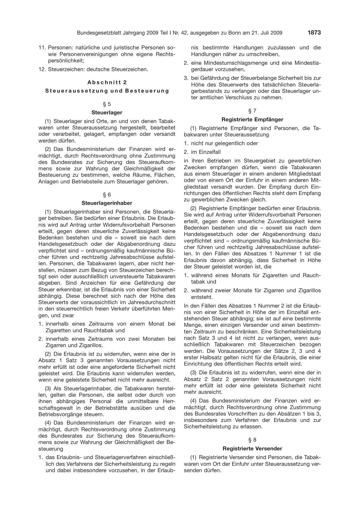 BGBl. 2009, Seite 1873 — Originalseite als Abbildung