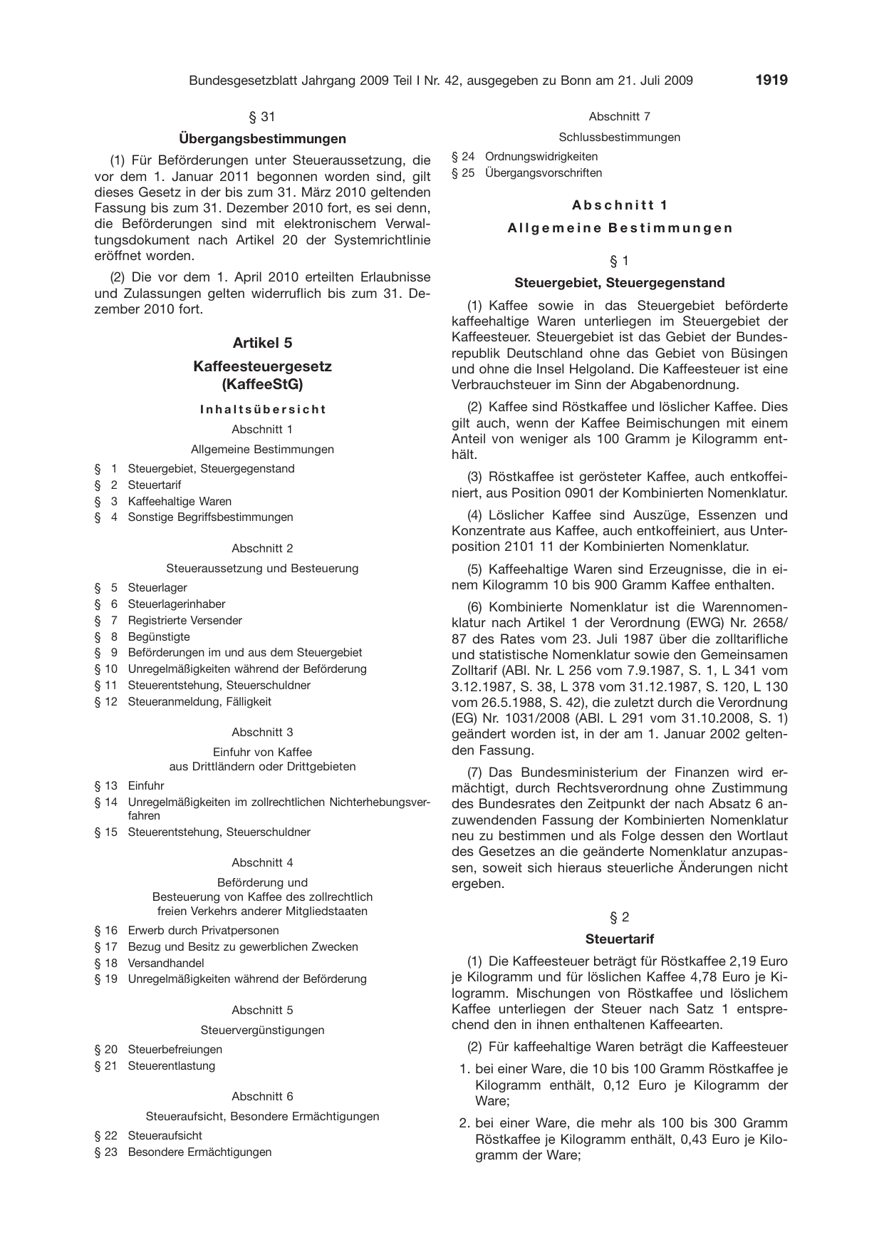 BGBl. 2009, Seite 1919 — Originalseite als Abbildung