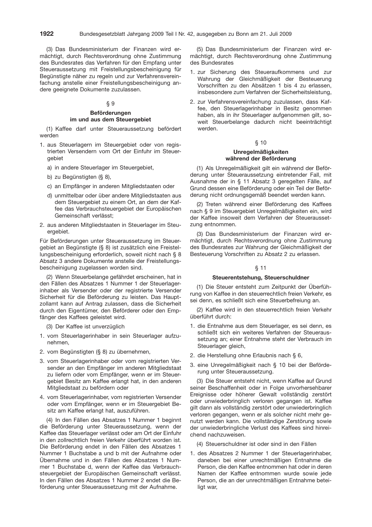 BGBl. 2009, Seite 1922 — Originalseite als Abbildung