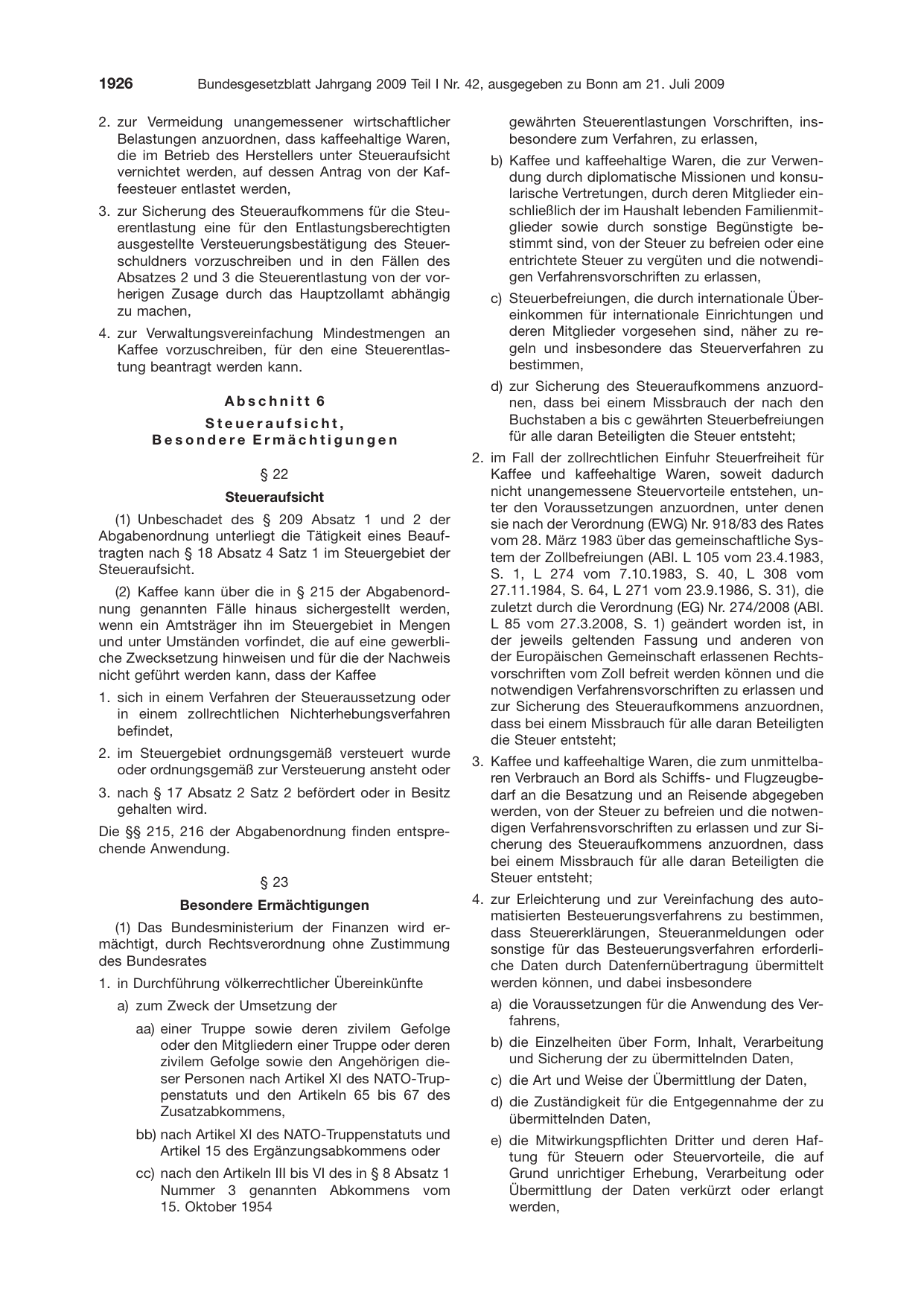 BGBl. 2009, Seite 1926 — Originalseite als Abbildung