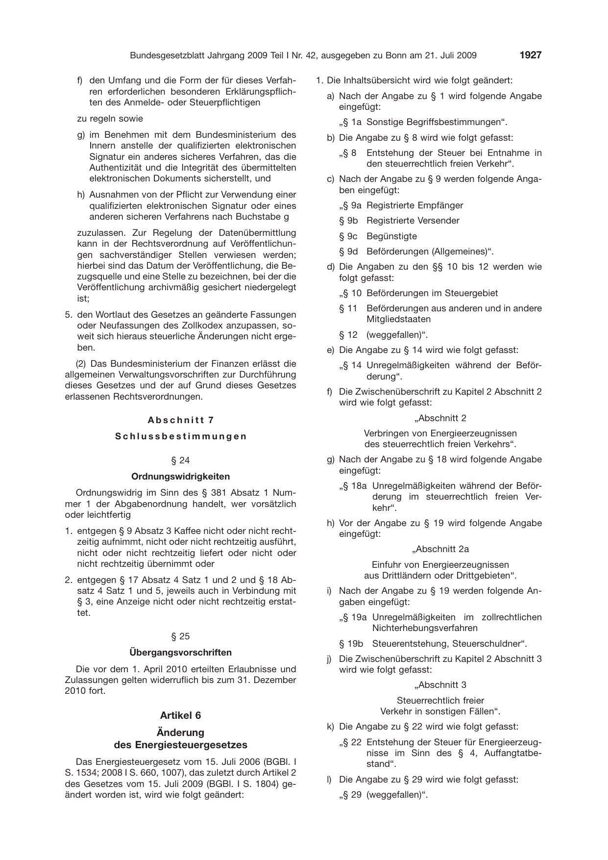 BGBl. 2009, Seite 1927 — Originalseite als Abbildung