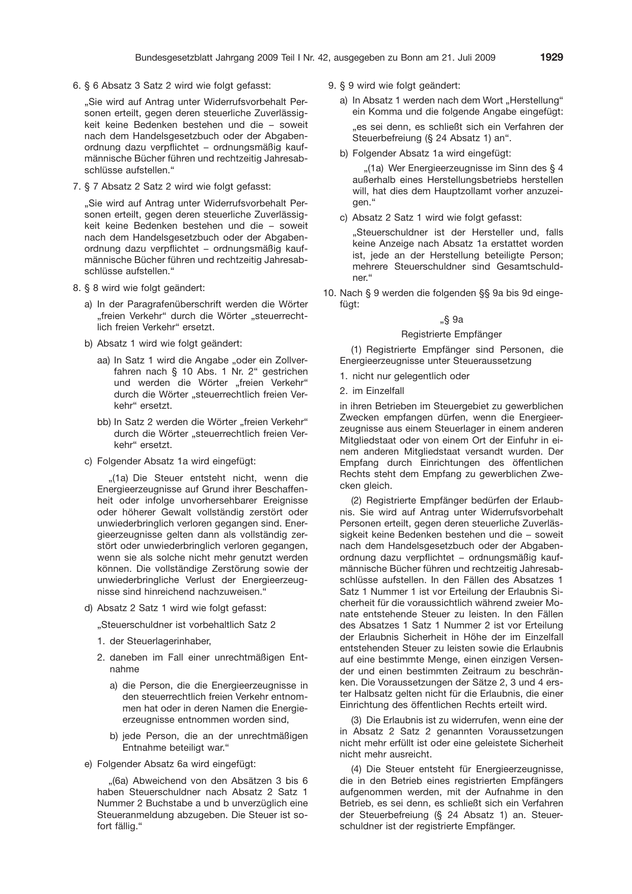 BGBl. 2009, Seite 1929 — Originalseite als Abbildung