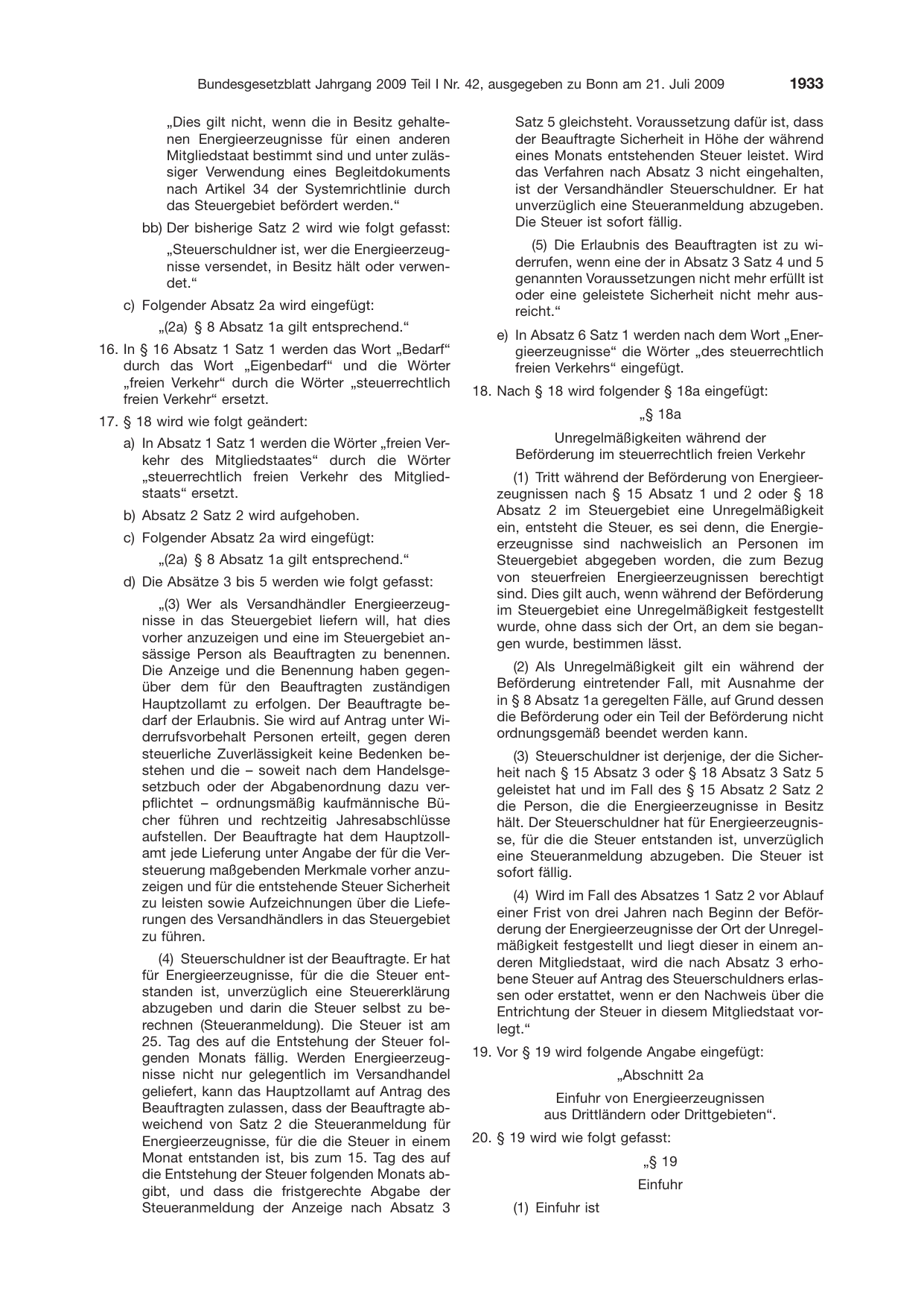 BGBl. 2009, Seite 1933 — Originalseite als Abbildung