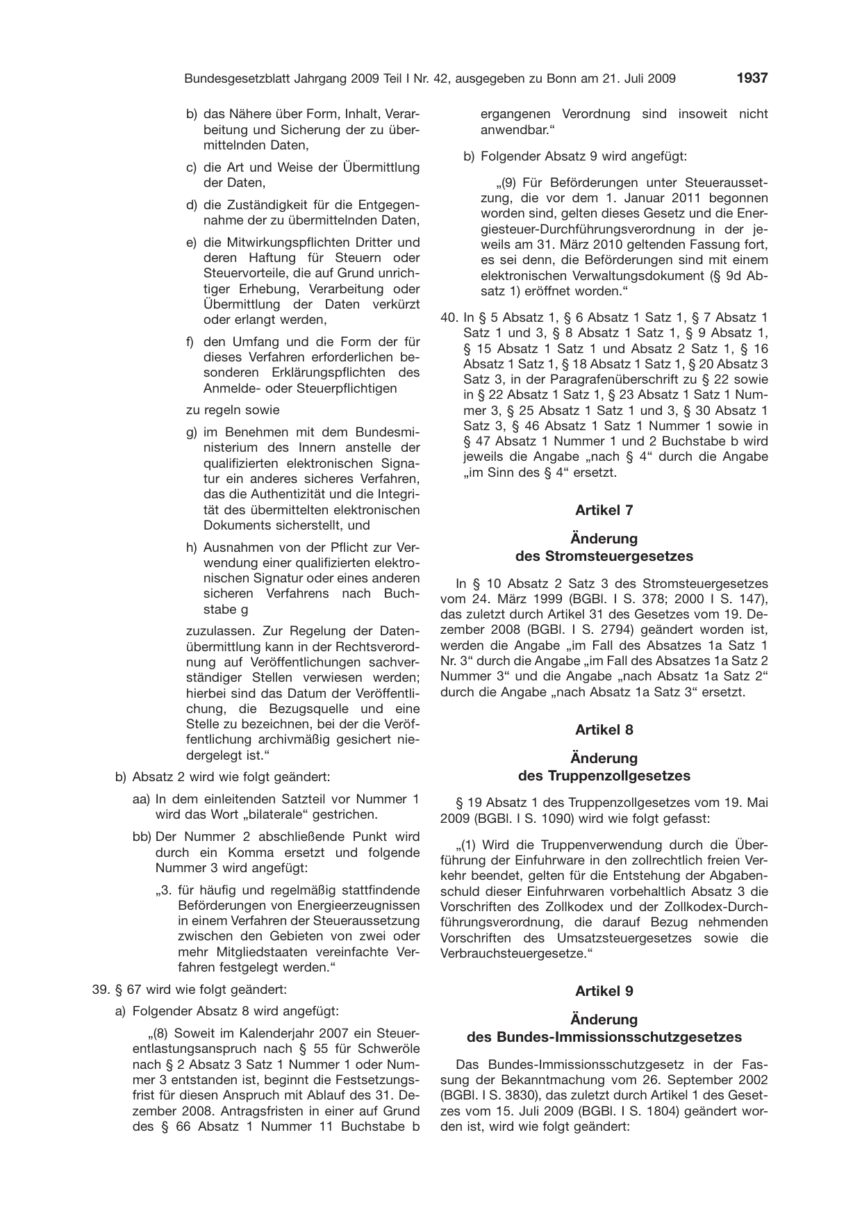 BGBl. 2009, Seite 1937 — Originalseite als Abbildung