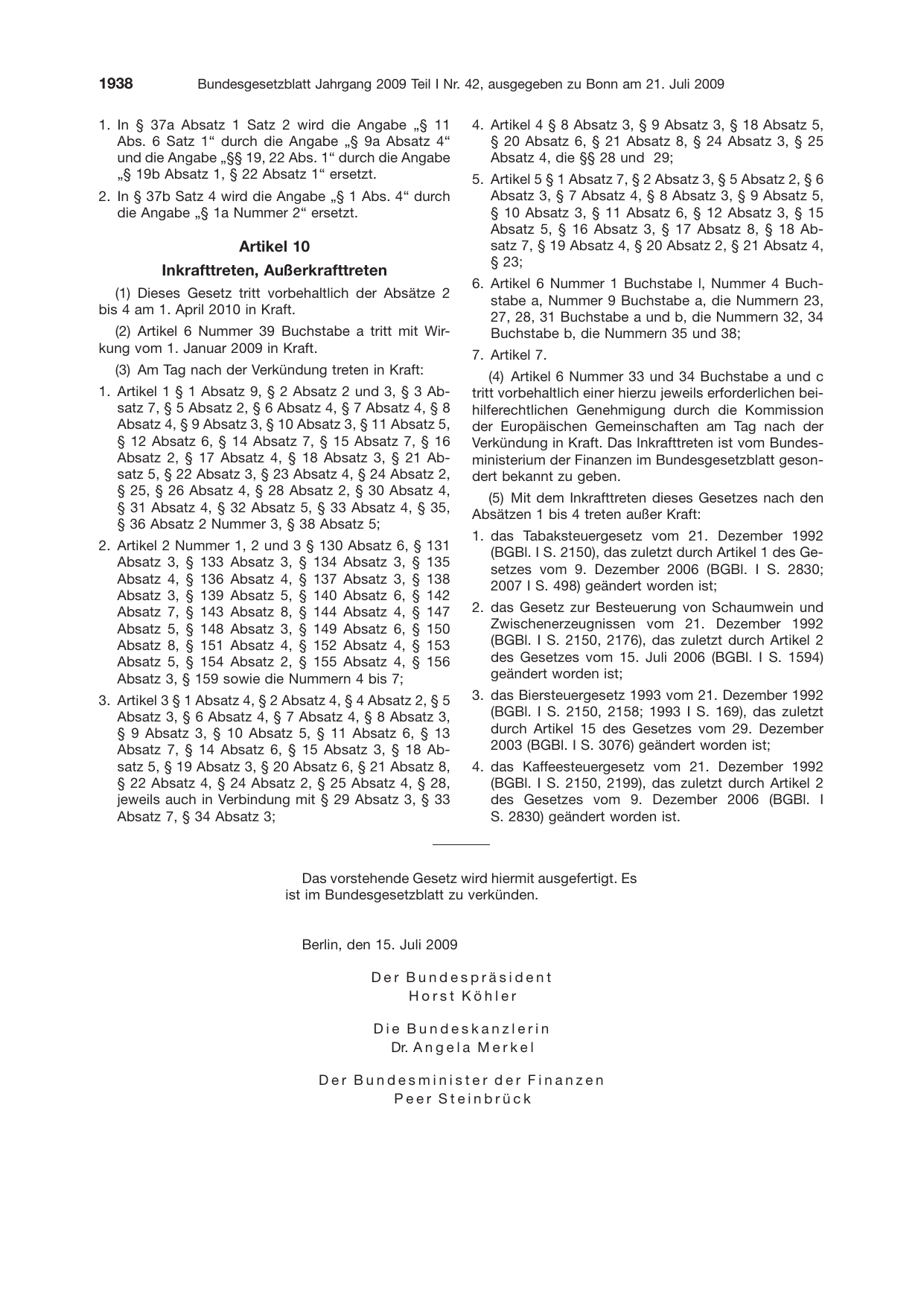 BGBl. 2009, Seite 1938 — Originalseite als Abbildung