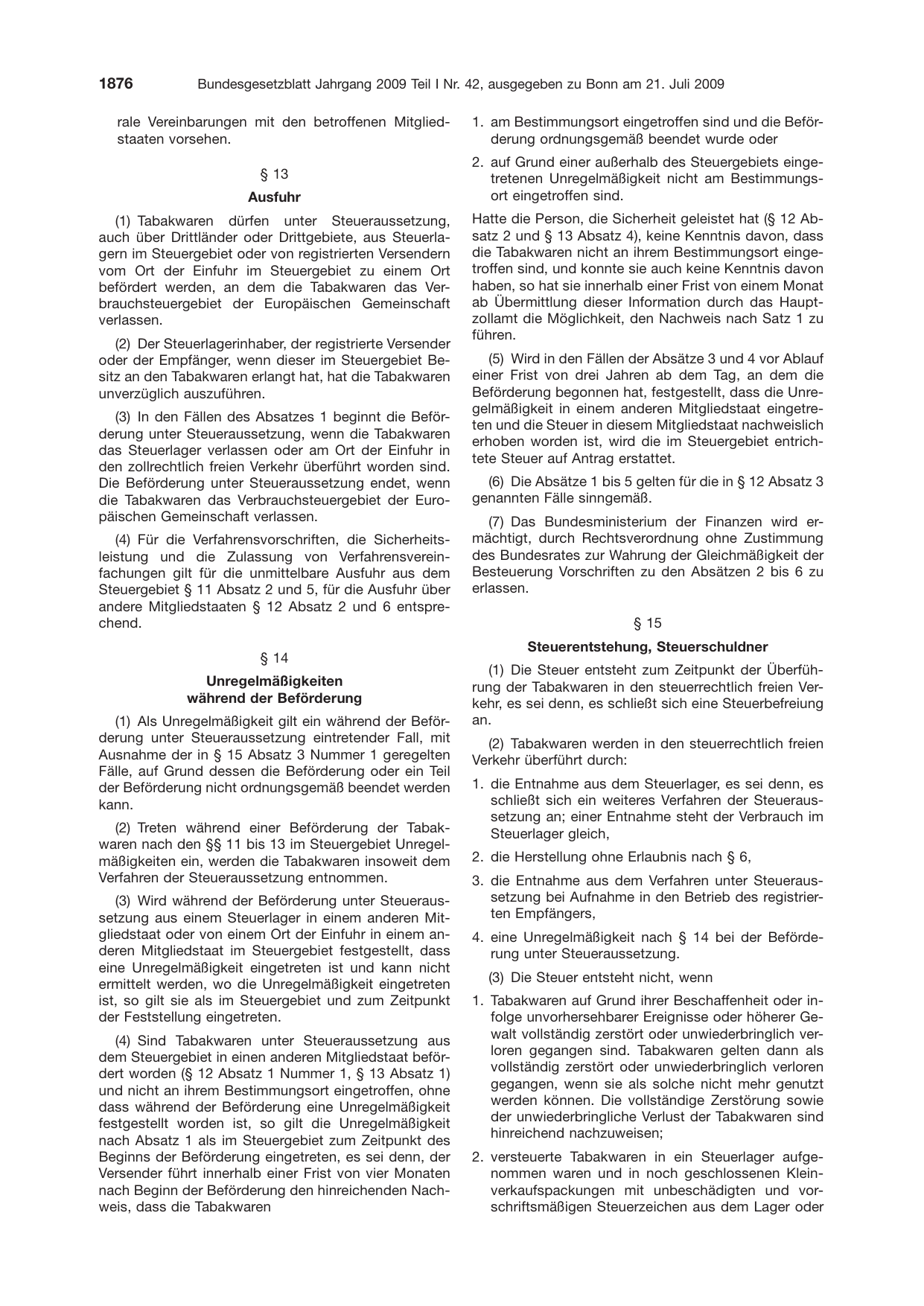 BGBl. 2009, Seite 1876 — Originalseite als Abbildung