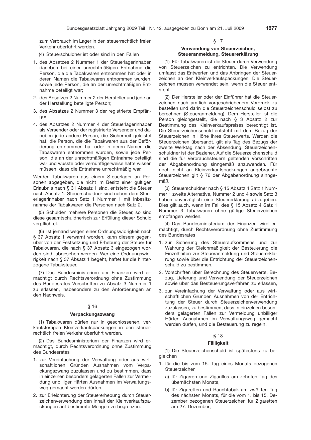 BGBl. 2009, Seite 1877 — Originalseite als Abbildung