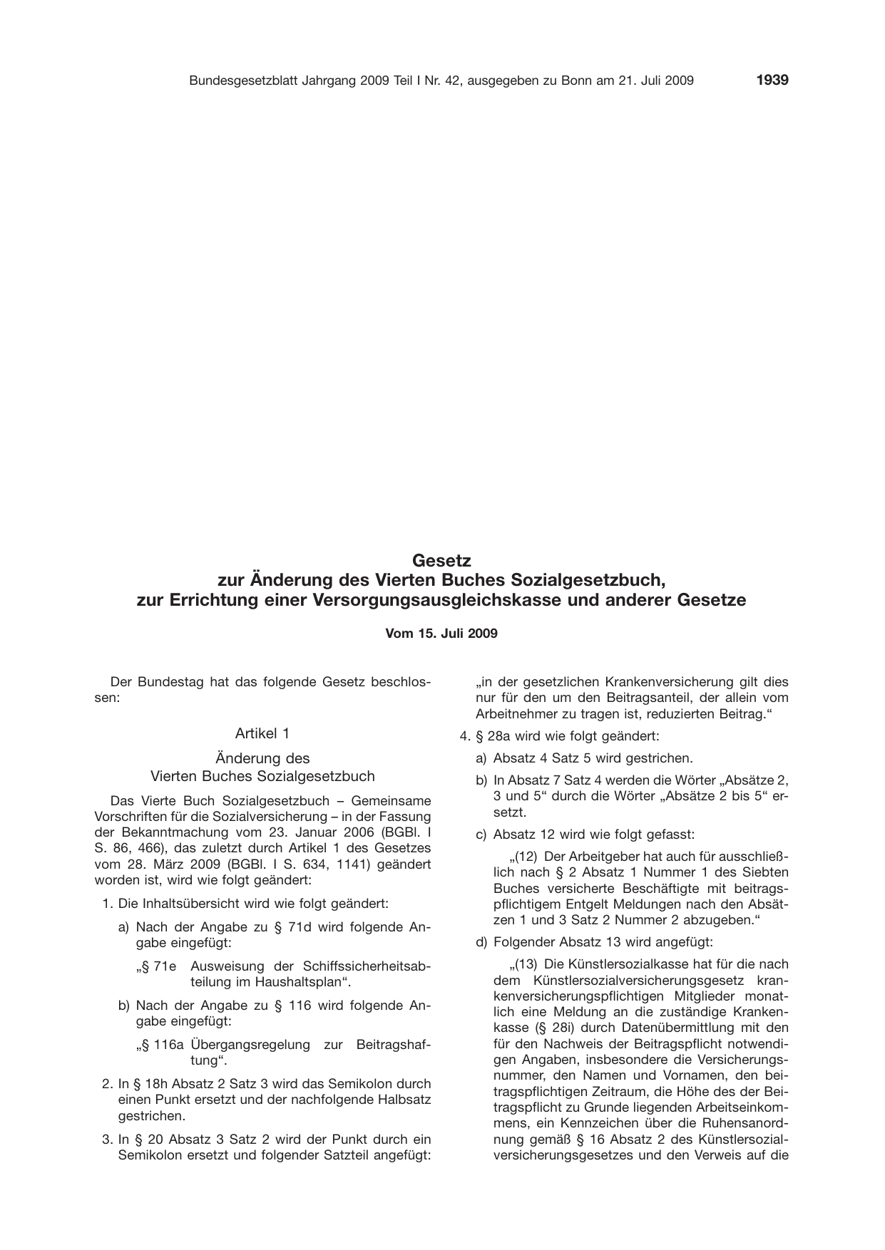 BGBl. 2009, Seite 1939 — Originalseite als Abbildung