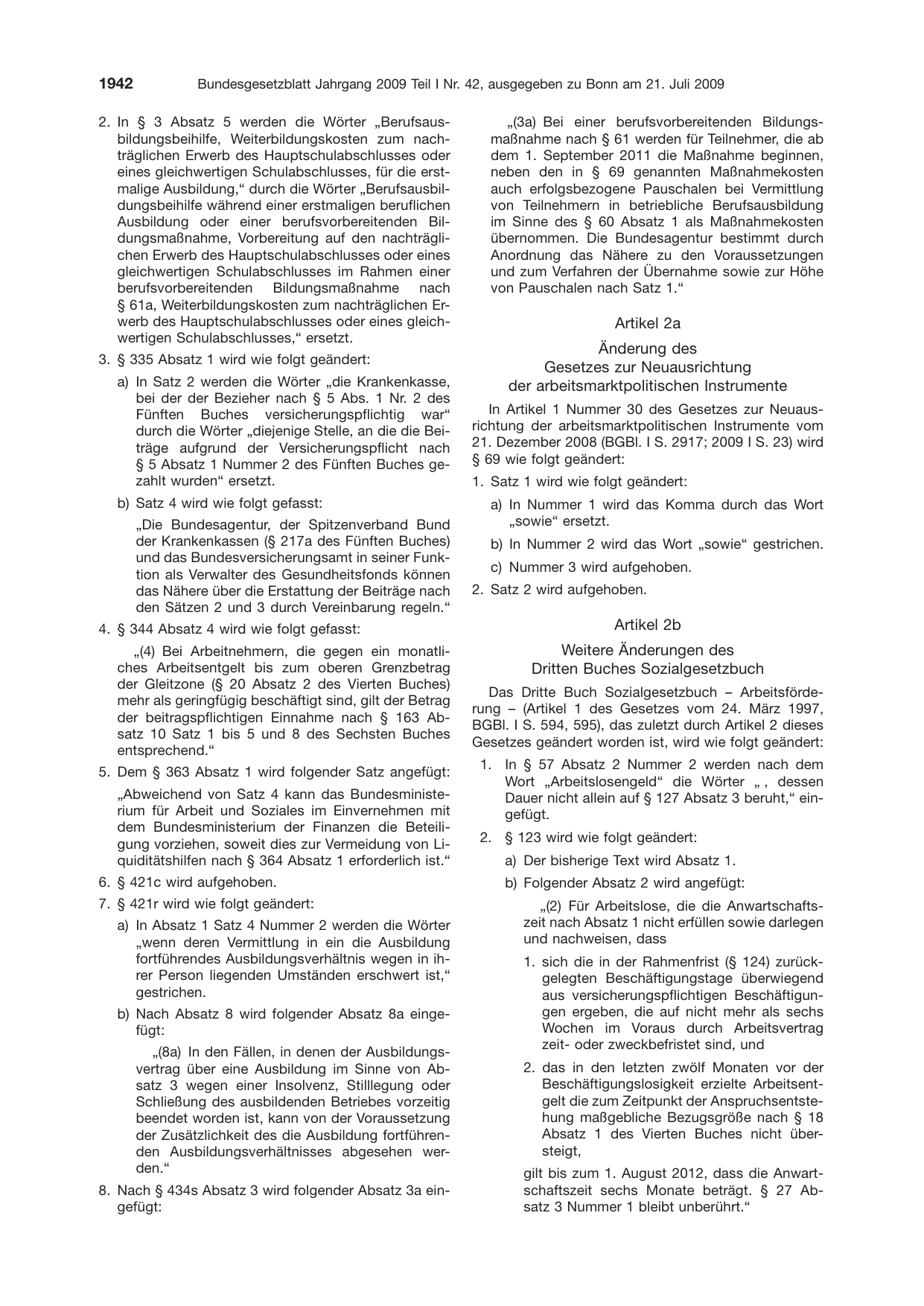 BGBl. 2009, Seite 1942 — Originalseite als Abbildung