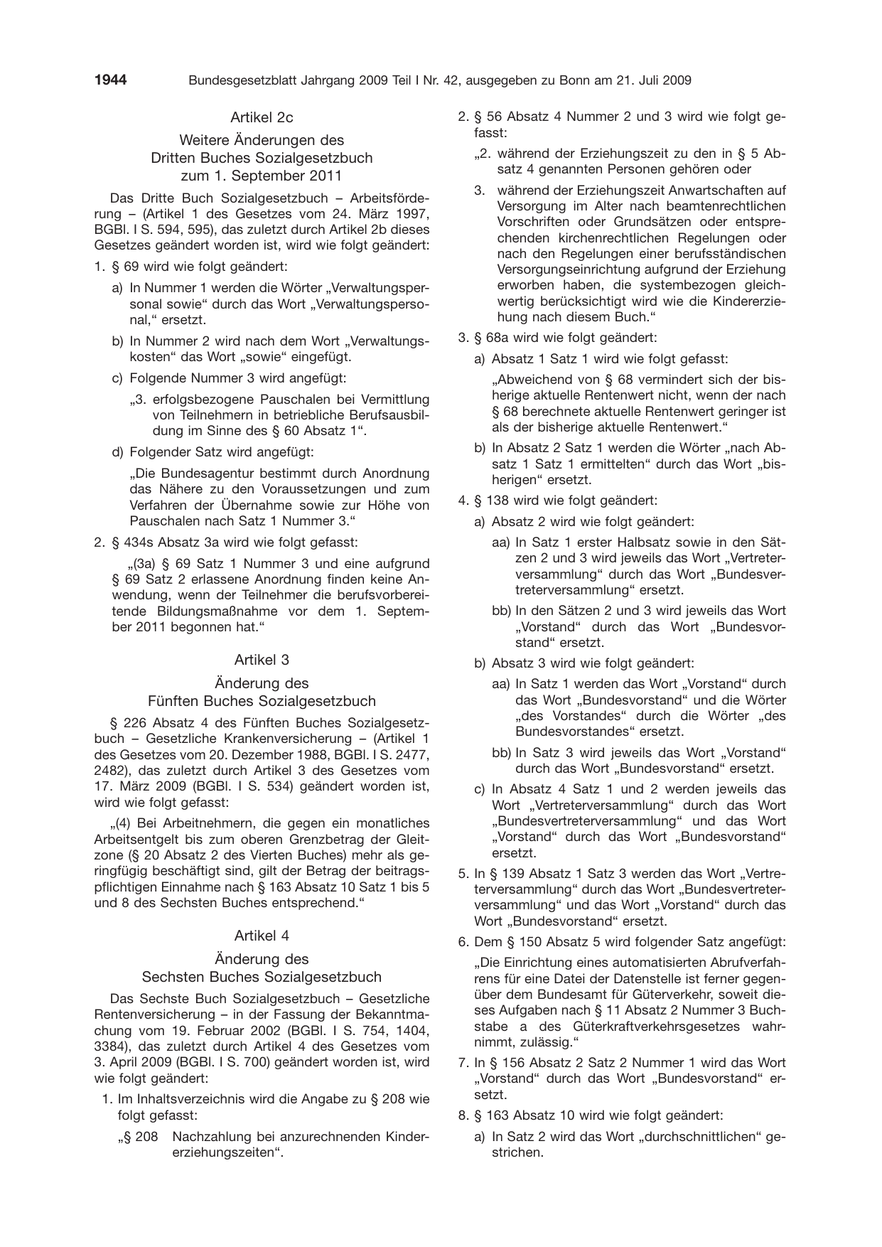 BGBl. 2009, Seite 1944 — Originalseite als Abbildung