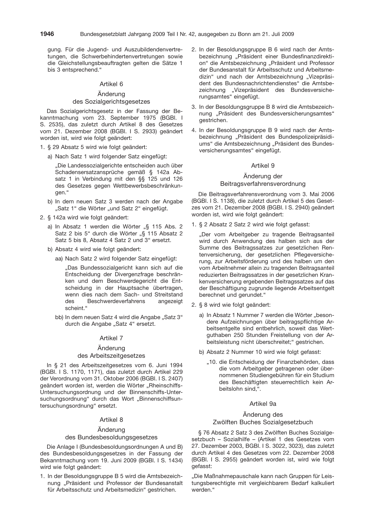 BGBl. 2009, Seite 1946 — Originalseite als Abbildung