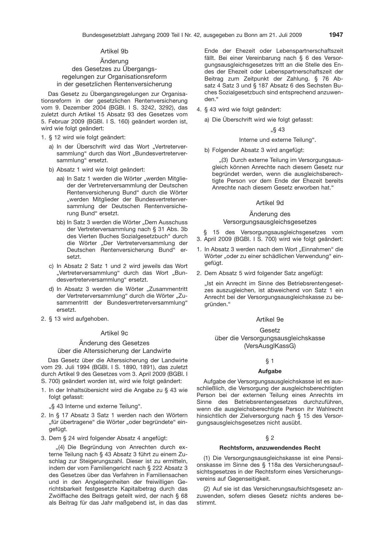 BGBl. 2009, Seite 1947 — Originalseite als Abbildung