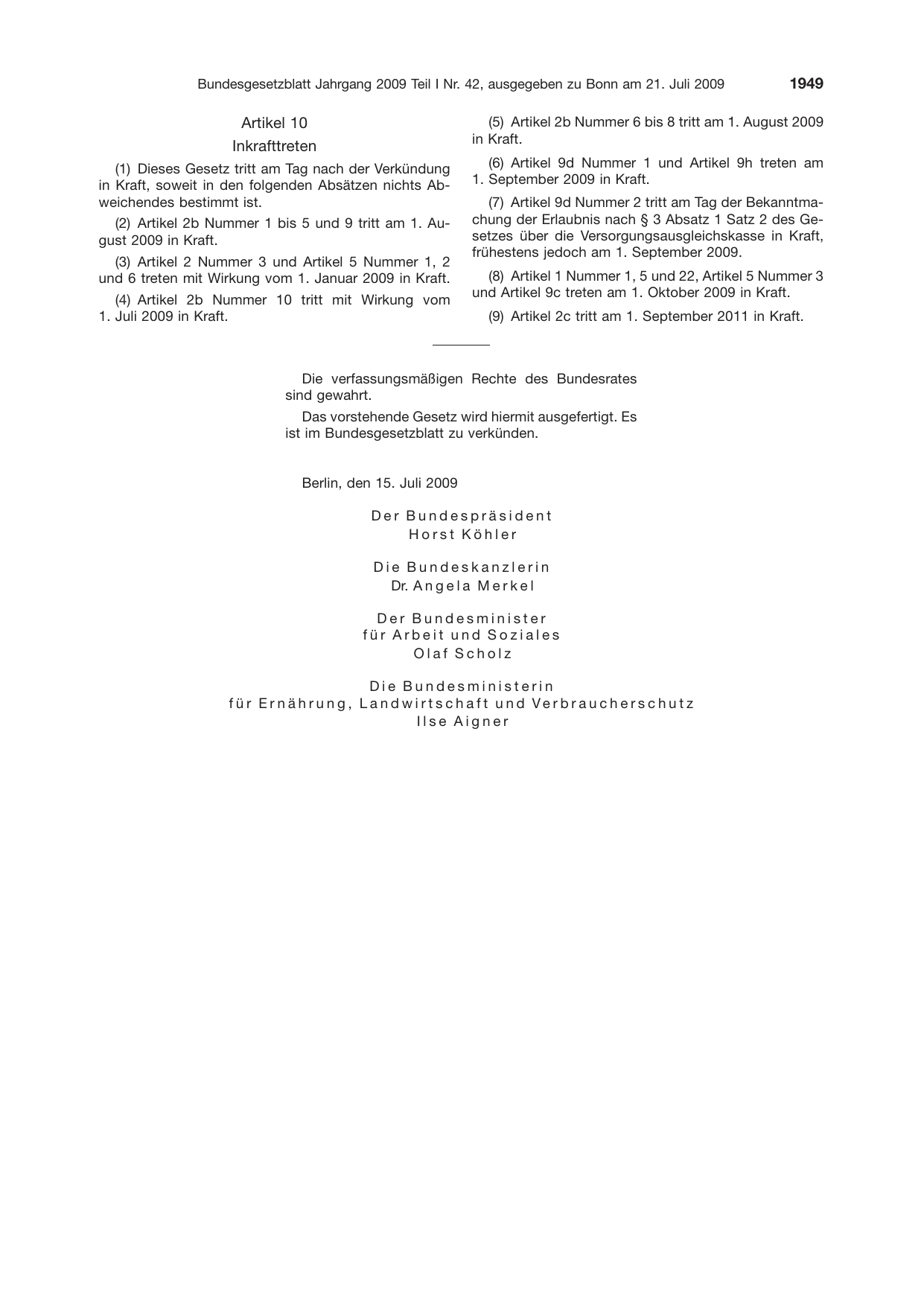 BGBl. 2009, Seite 1949 — Originalseite als Abbildung