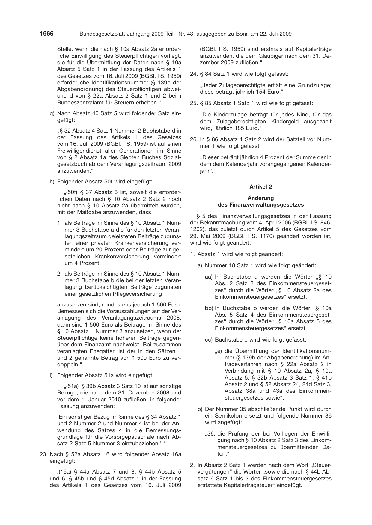 BGBl. 2009, Seite 1966 — Originalseite als Abbildung
