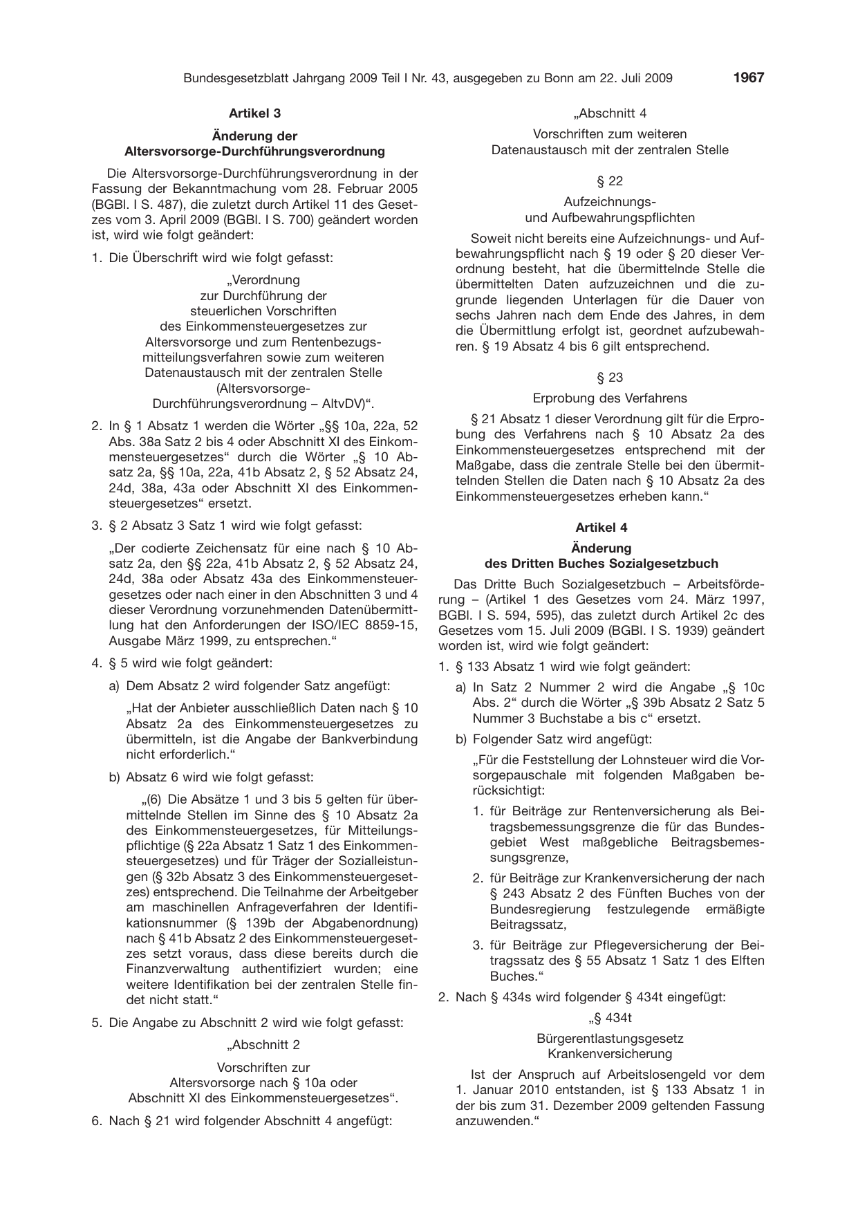 BGBl. 2009, Seite 1967 — Originalseite als Abbildung