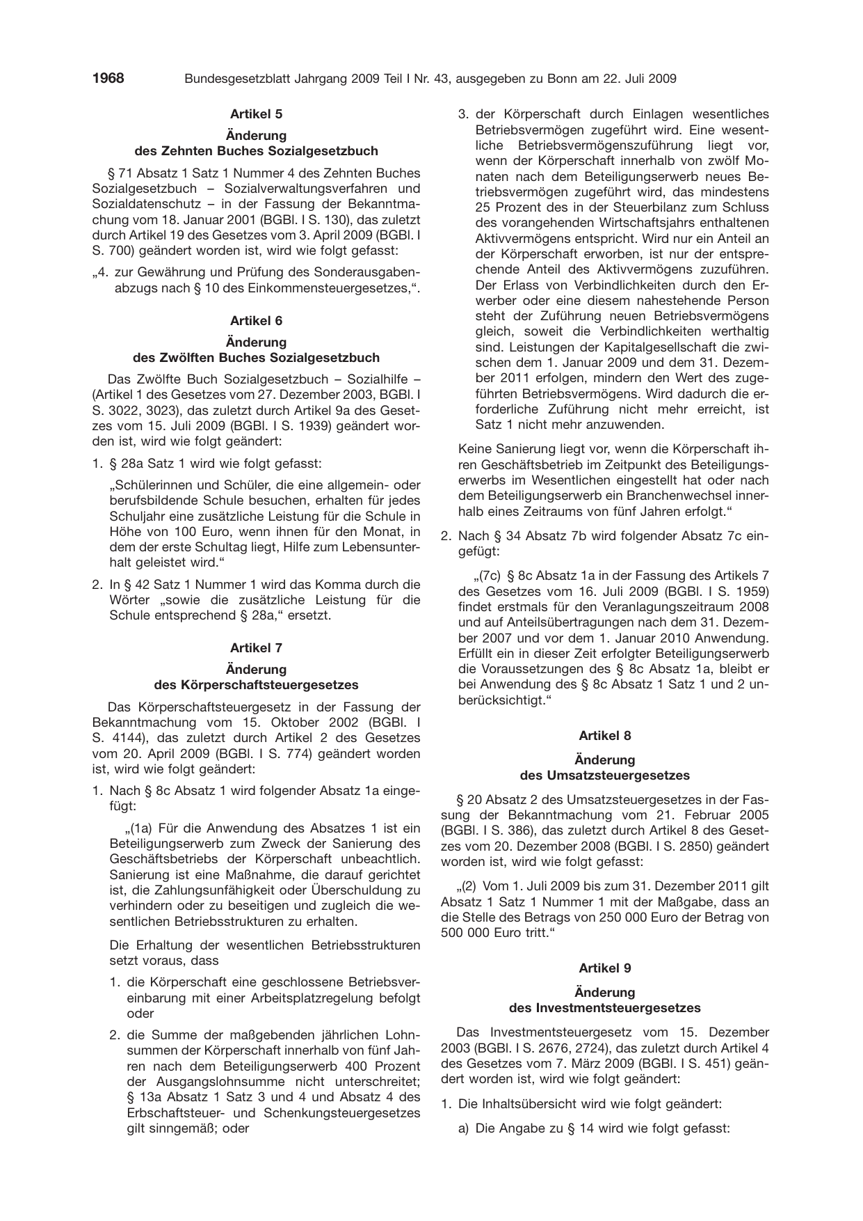 BGBl. 2009, Seite 1968 — Originalseite als Abbildung