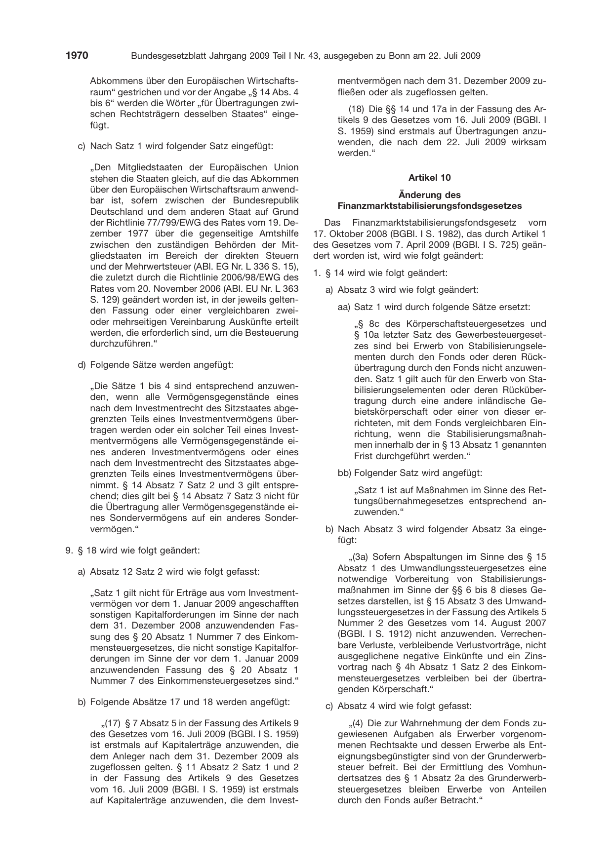 BGBl. 2009, Seite 1970 — Originalseite als Abbildung