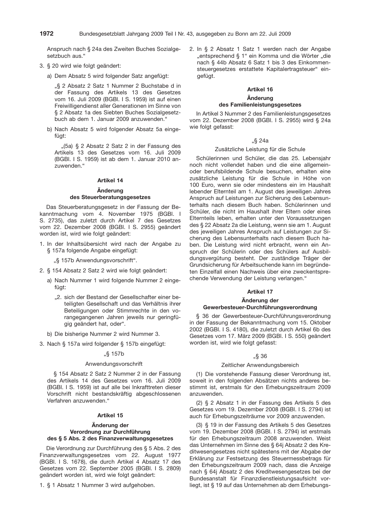 BGBl. 2009, Seite 1972 — Originalseite als Abbildung