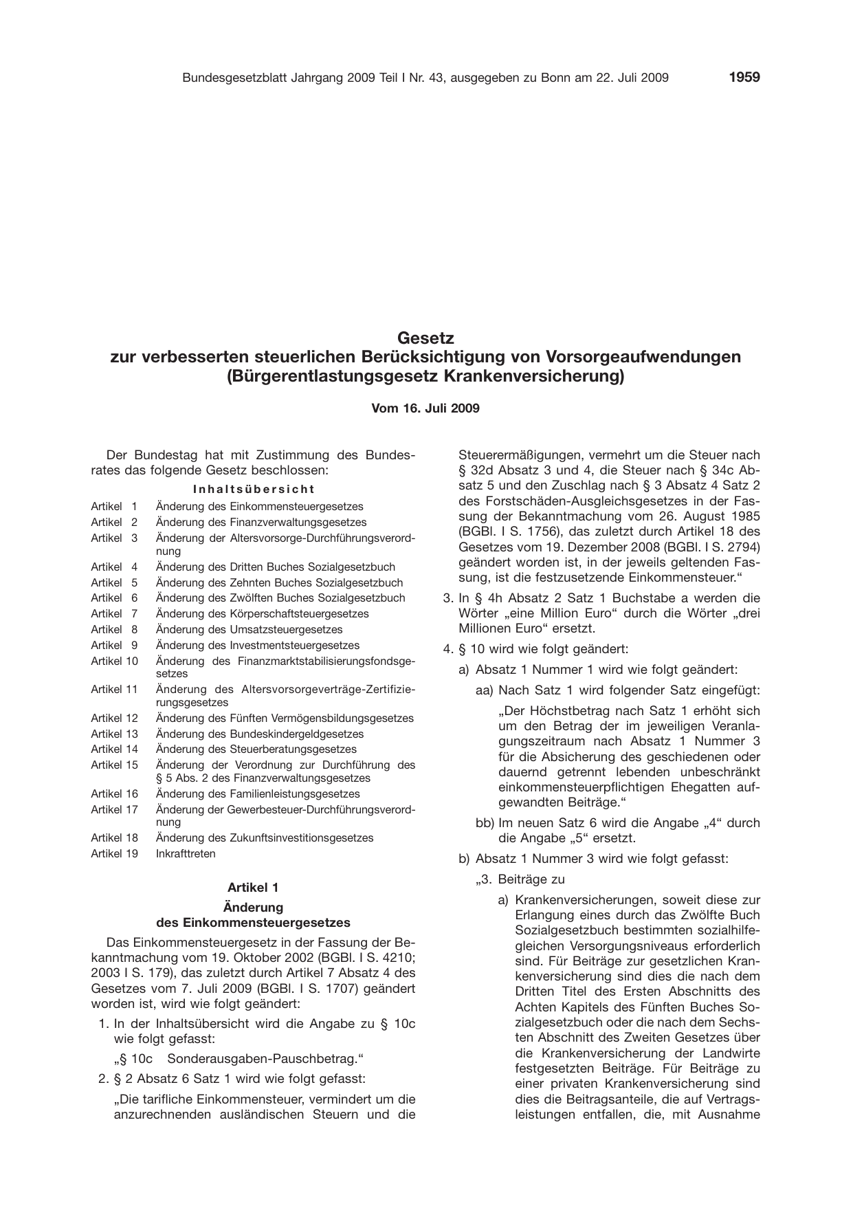 BGBl. 2009, Seite 1959 — Originalseite als Abbildung