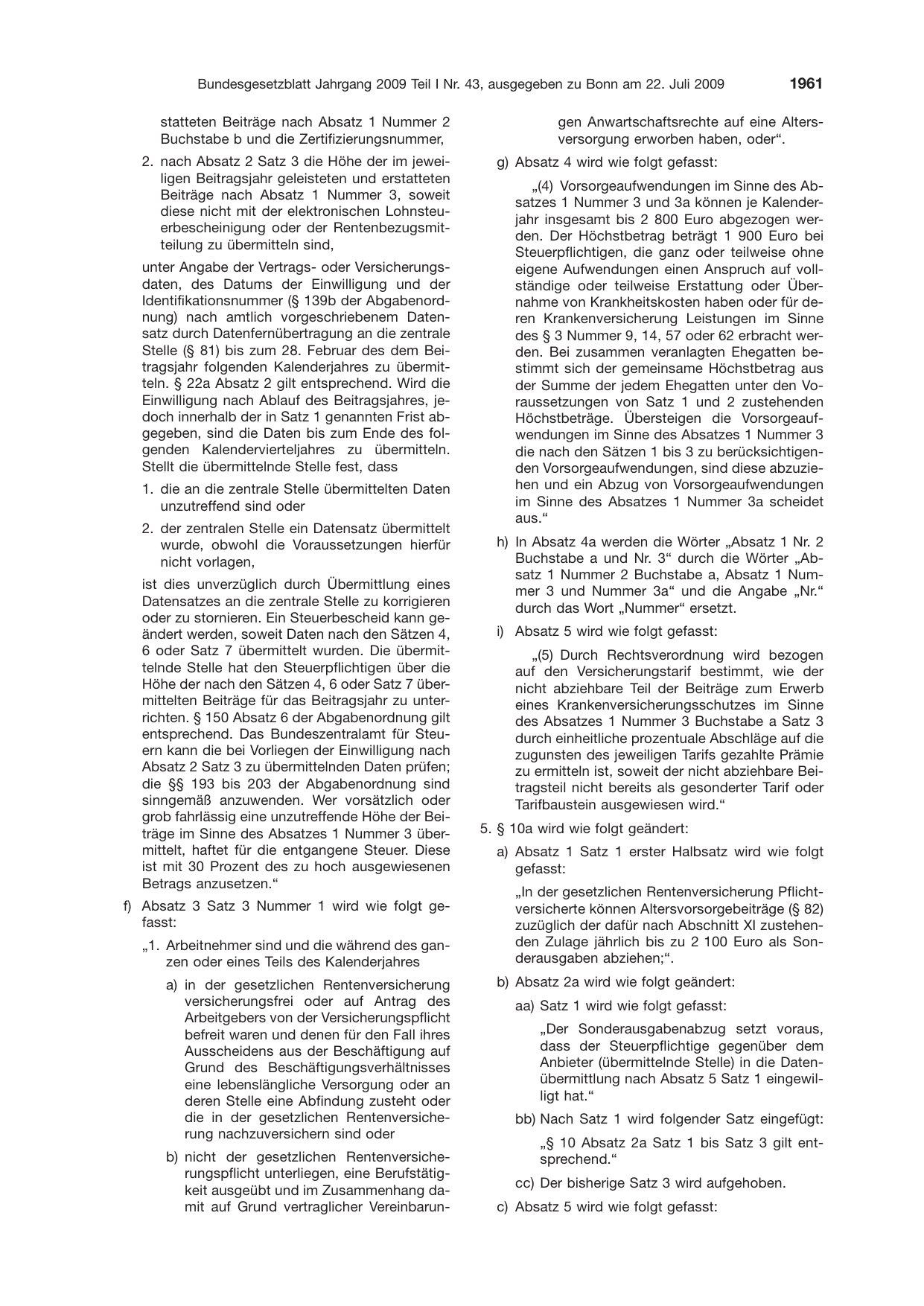 BGBl. 2009, Seite 1961 — Originalseite als Abbildung