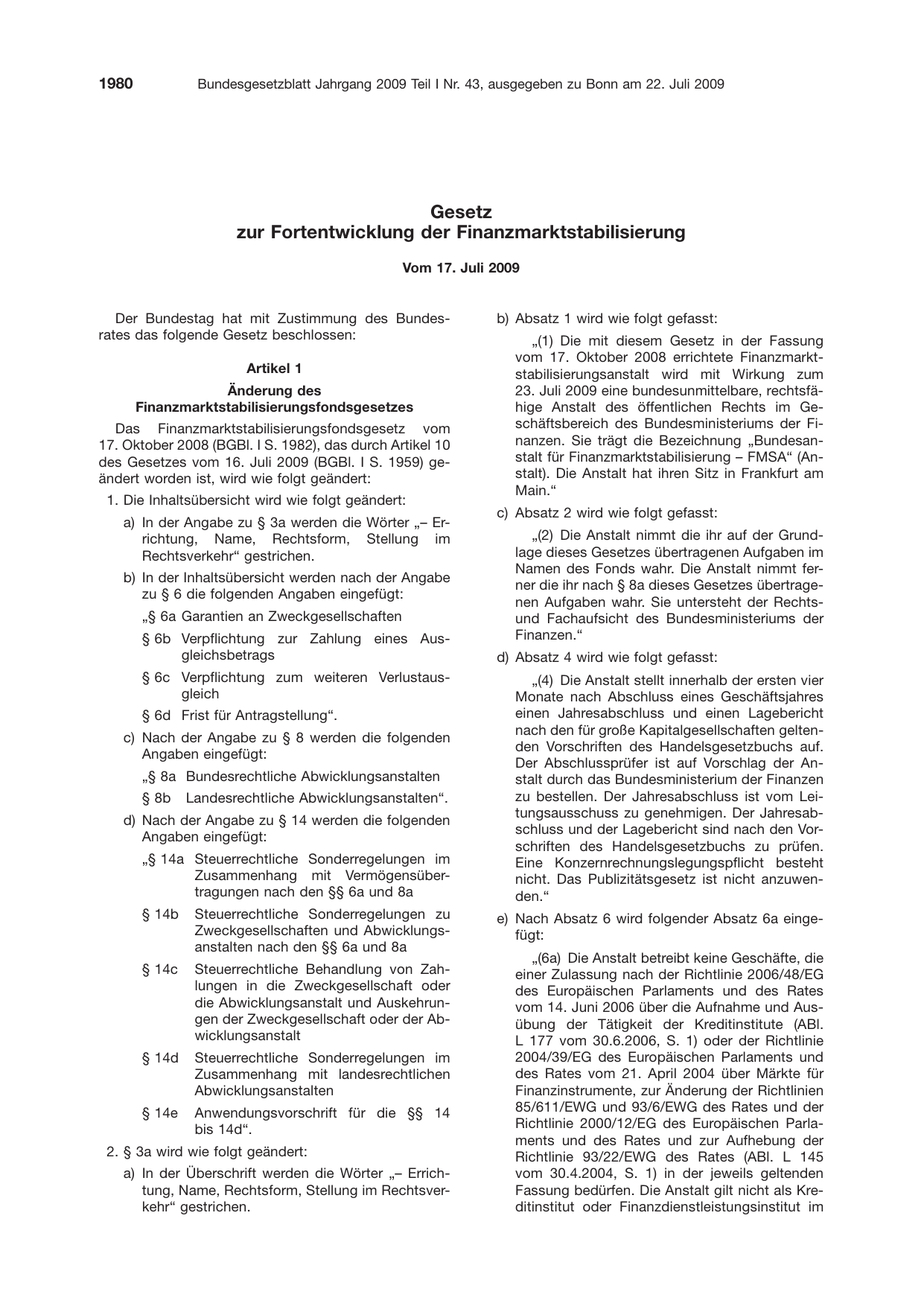BGBl. 2009, Seite 1980 — Originalseite als Abbildung