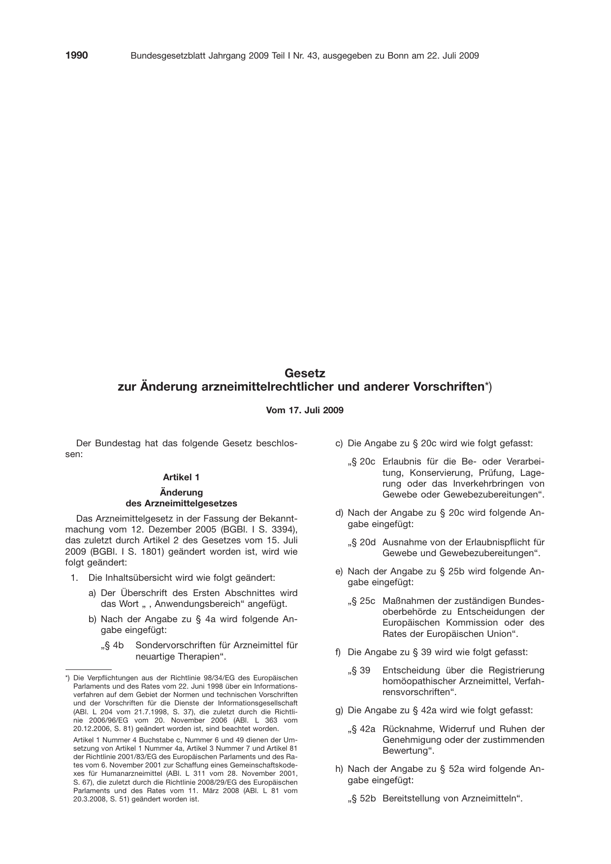 BGBl. 2009, Seite 1990 — Originalseite als Abbildung